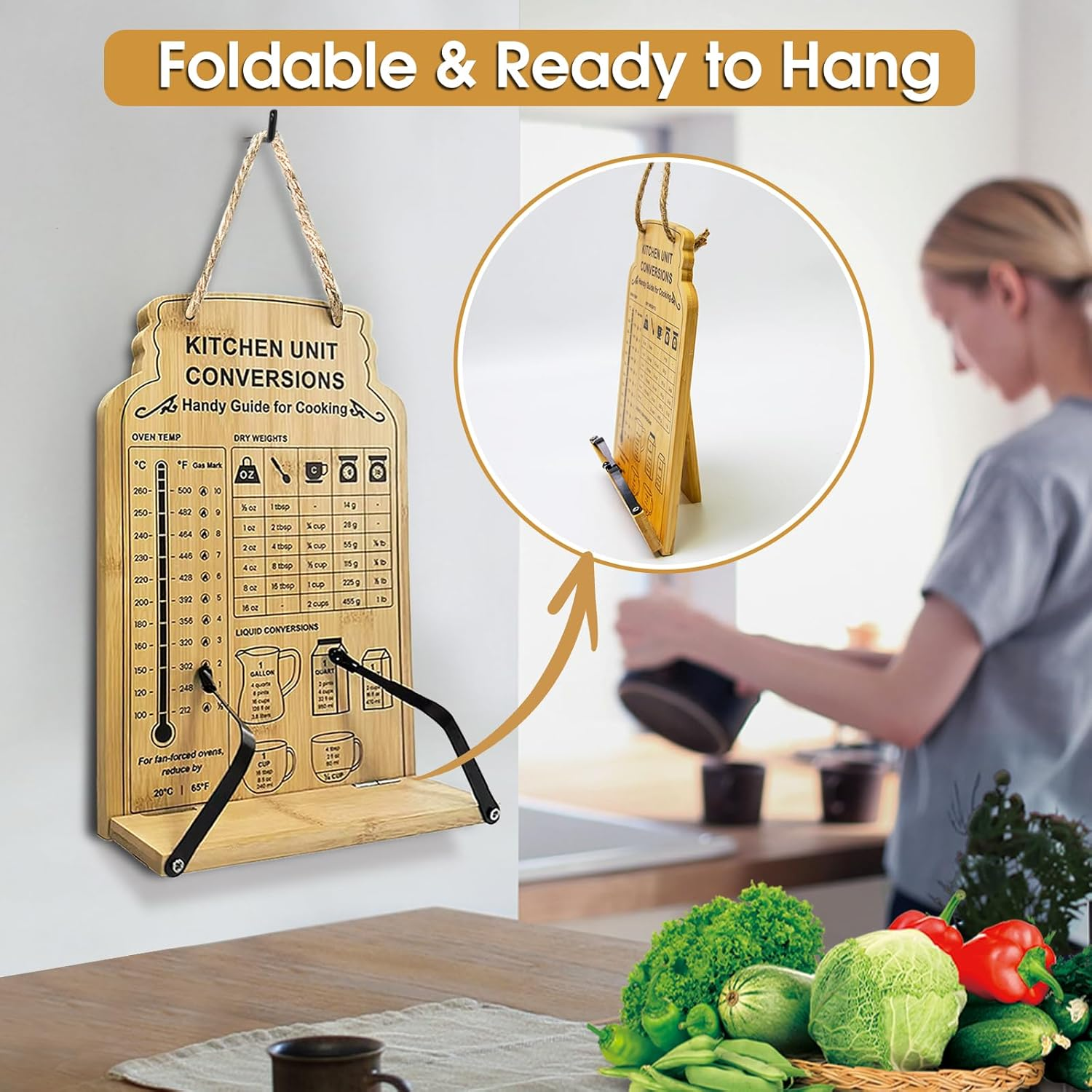 Bamboo Cookbook Stand,Recipe Book Stand with Measurement Conversion Chart,Foldable Cookbook Holder with Flexible Page Holder Clips,Adjustable Reading Holder Stand image number 6