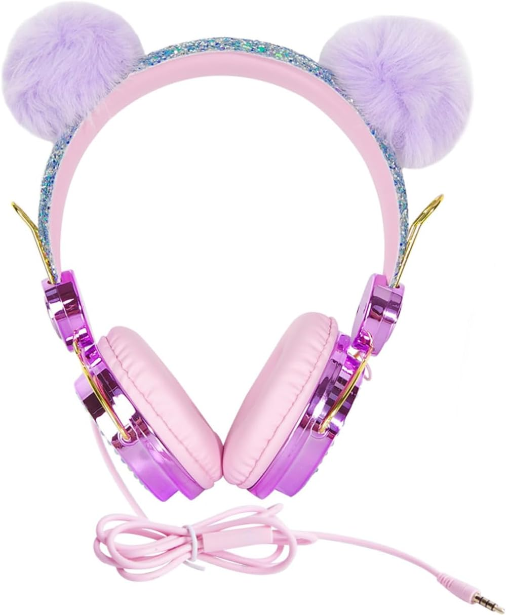 Gadpiparty -Ear Headphones for Kids with Mic, Wired Children Headset for School and Computer Use, Rhinestone Glitter Purple Unicorn Design with Furry Pom-Pom, Girls Earphones Random Color image number 2