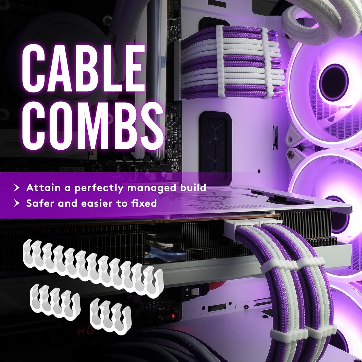 EZDIY-FAB PSU Cable Extension Kit - Sleeved Custom Power Supply Extension 16 AWG 24-PIN 8-PIN 6-PIN 4+4-PIN with Combs - White Connector and Purple Cable image number 6
