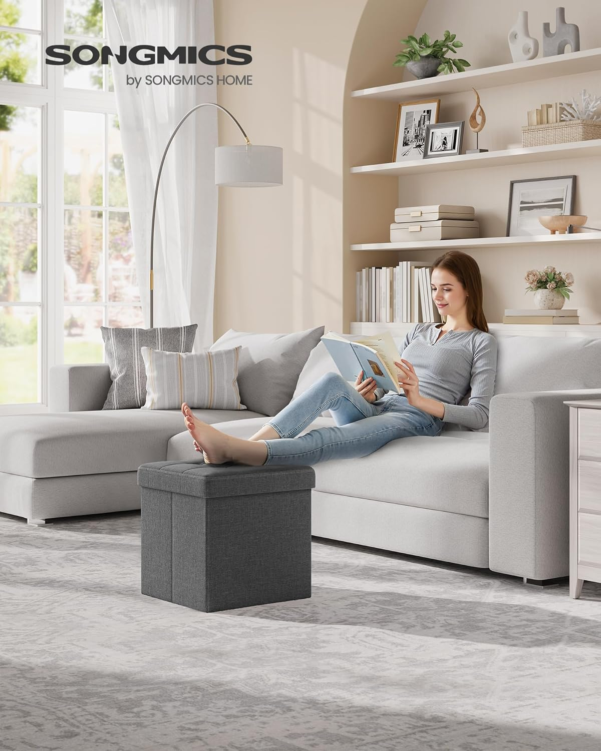 Songmics Folding Storage Ottoman Bench Foot Rest Stool, 38 Cm Size, Dark Gray image number 3