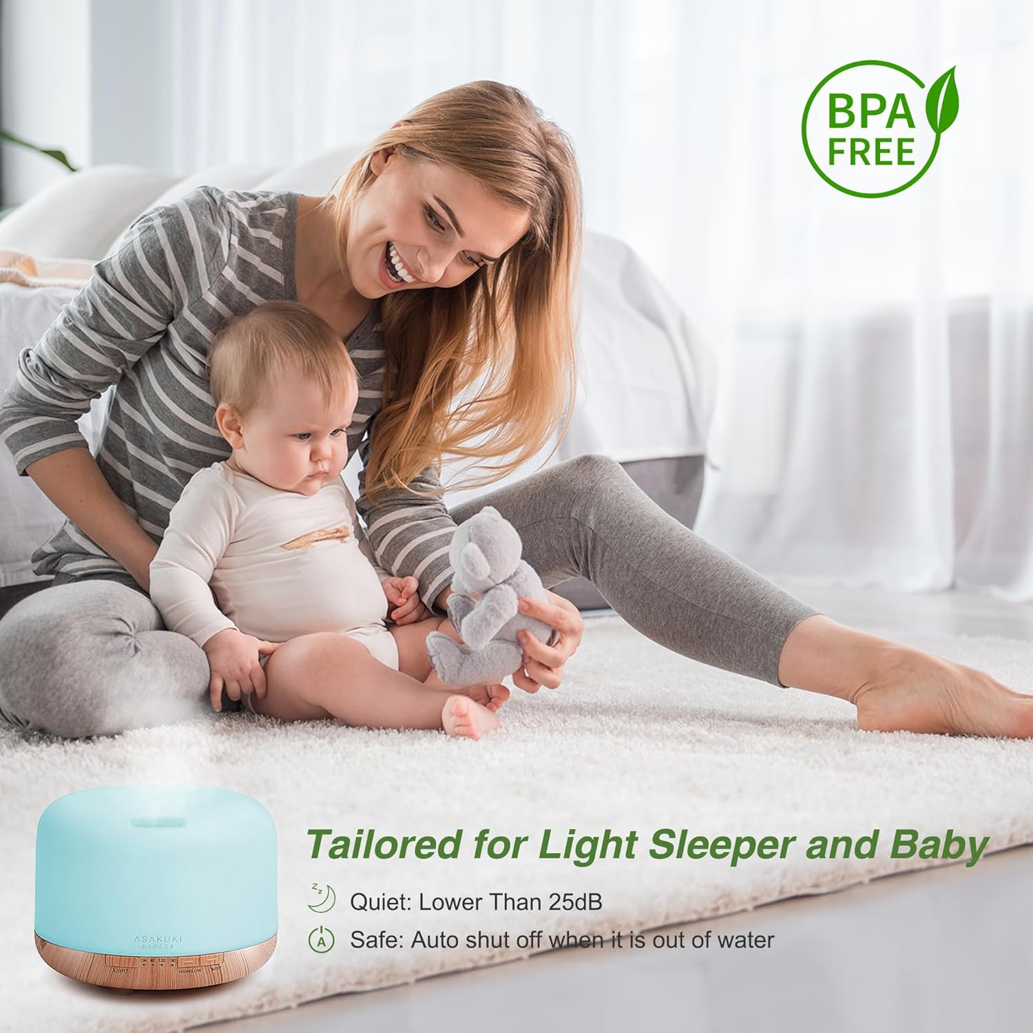 ASAKUKI Essential Oil Diffuser with Essential Oils Set, 500Ml Aromatherapy Diffuser - 14 LED Colors & Auto Shut-Off, Top 6 Essential Oils - Lavender Eucalyptus Tea Tree Orange Peppermint Lemongrass image number 5