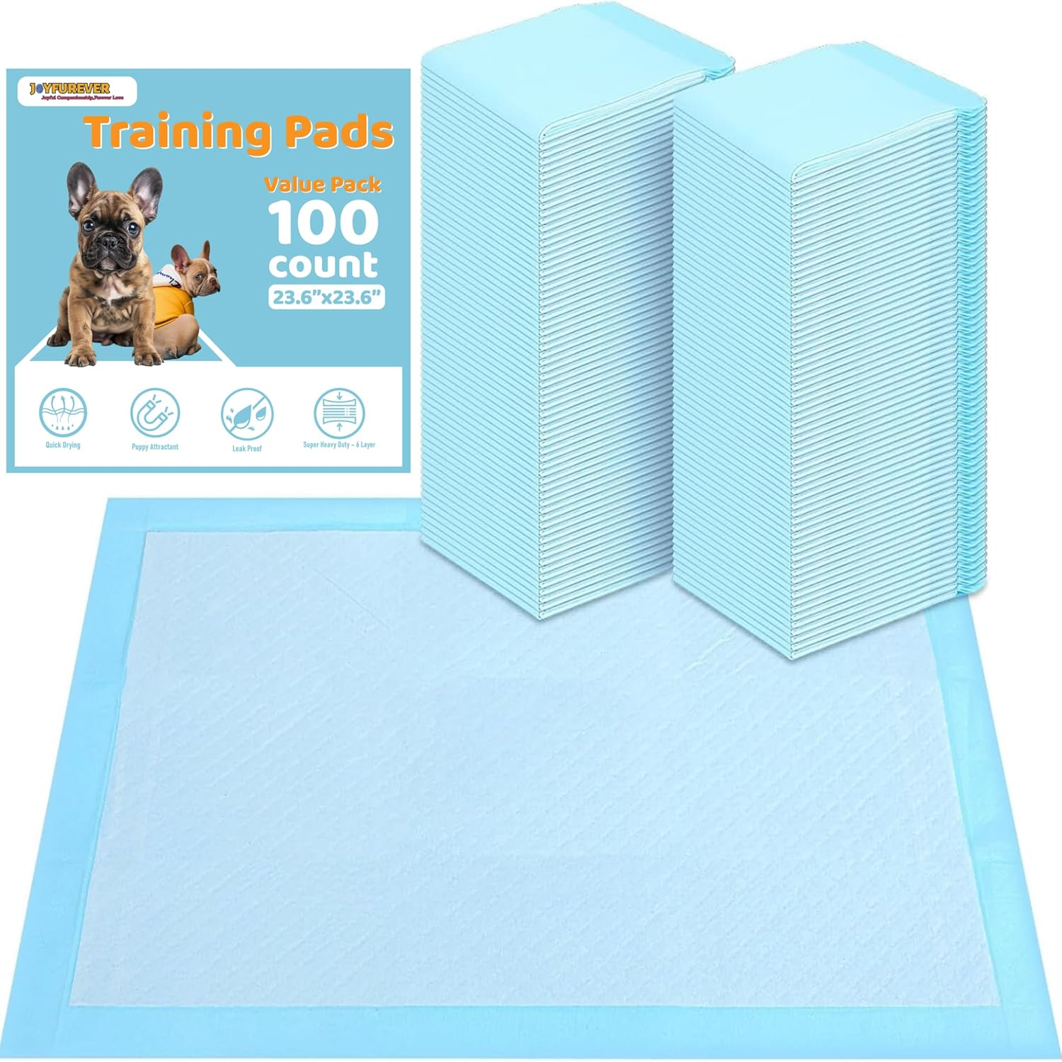Joyfurever Dog and Puppy Pet Training Pad, Pee Pads,Leakproof, 6 Layers, Quick Absorbency, Regular Size, 23.6 X 23.6 Inches (60Cm*60Cm), Value Pack of 100Pcs, Multi-Function for Pets, Kids, Adults image number 1
