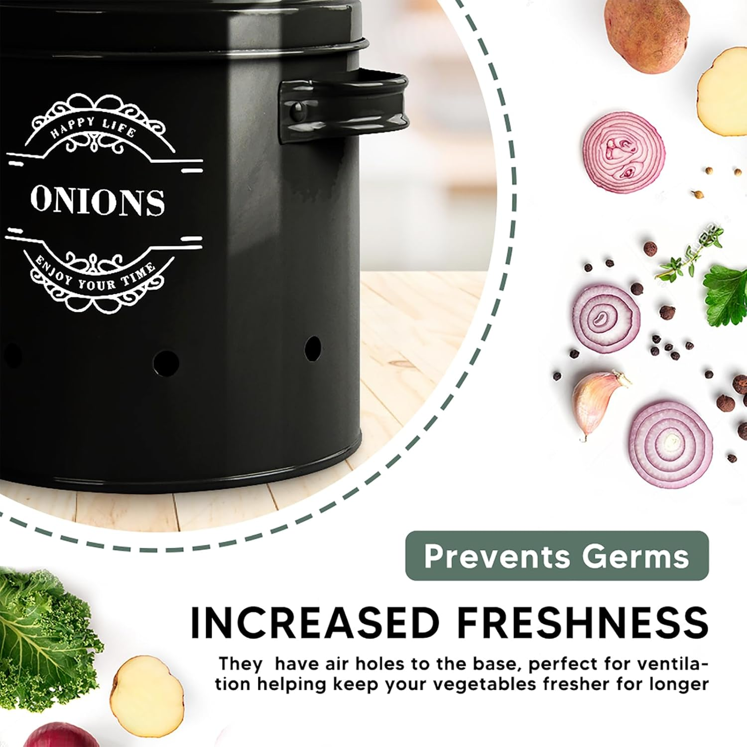 Set of 3 Potato Onion Garlic Storage Bins Kitchen Vegetable Storage Tins Potato Storage Jars with Lids Onion Storage Containers with Ventilation Holes Keeps Vegetables Fresh Longer (Black) - Grey image number 7