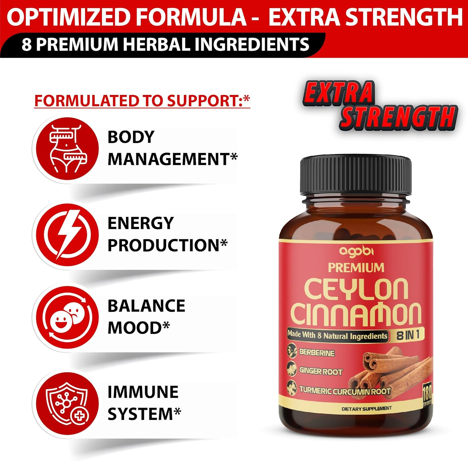 Premium Ceylon Cinnamon with Berberine - Combined Turmeric, Ginger, Gymnema Sylvestre, and 3 More - 1Pack 180 Capsules - 3 Month Supply image number 1