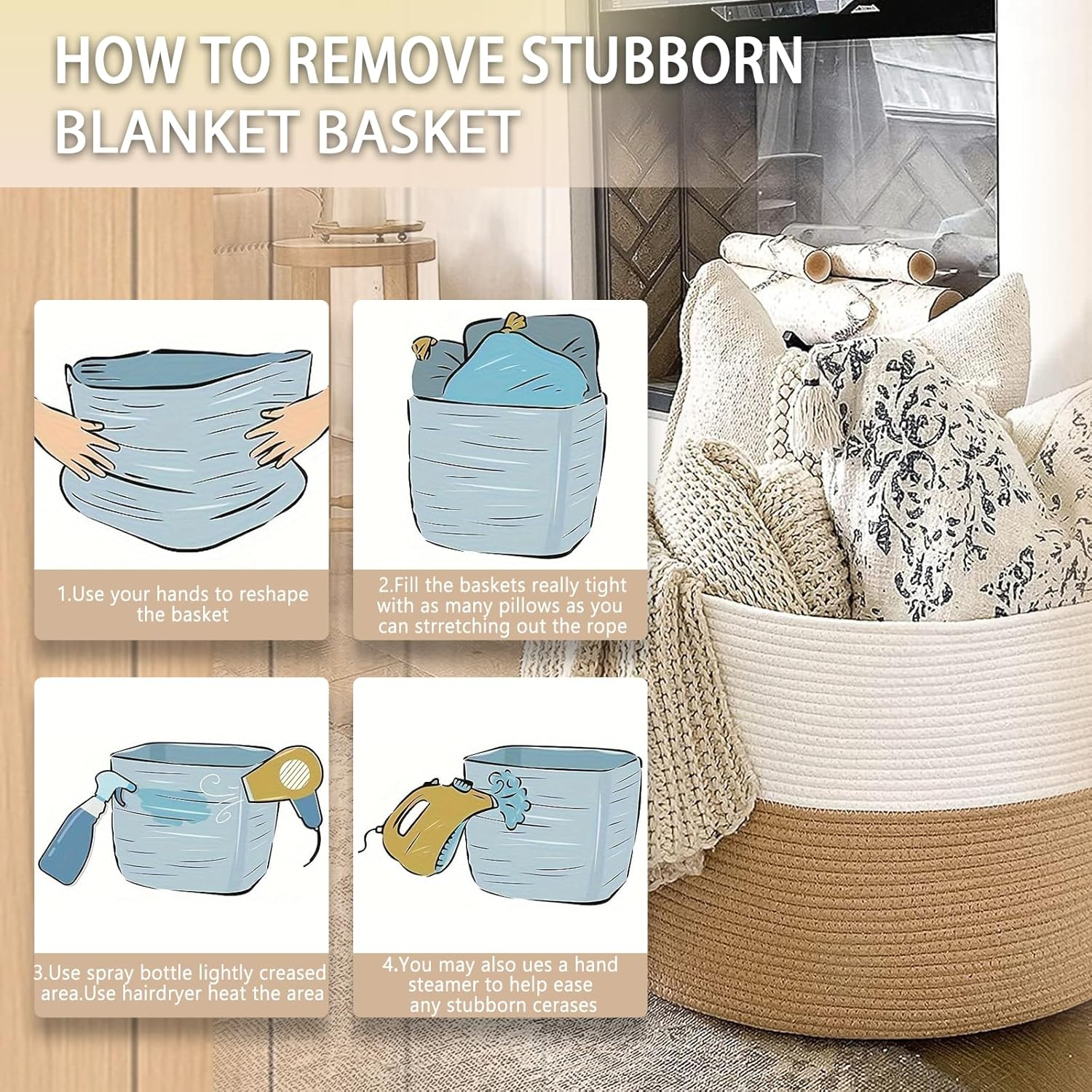 Large round Blanket Basket with Handles 55X35Cm round Jute Black Blanket Basket with Handles for Toys,Pillows, Laundry for Nursery,Living Room,Laundry Room Extra Cotton Rope Storage Basket Cotton Rope Storage Basket image number 5