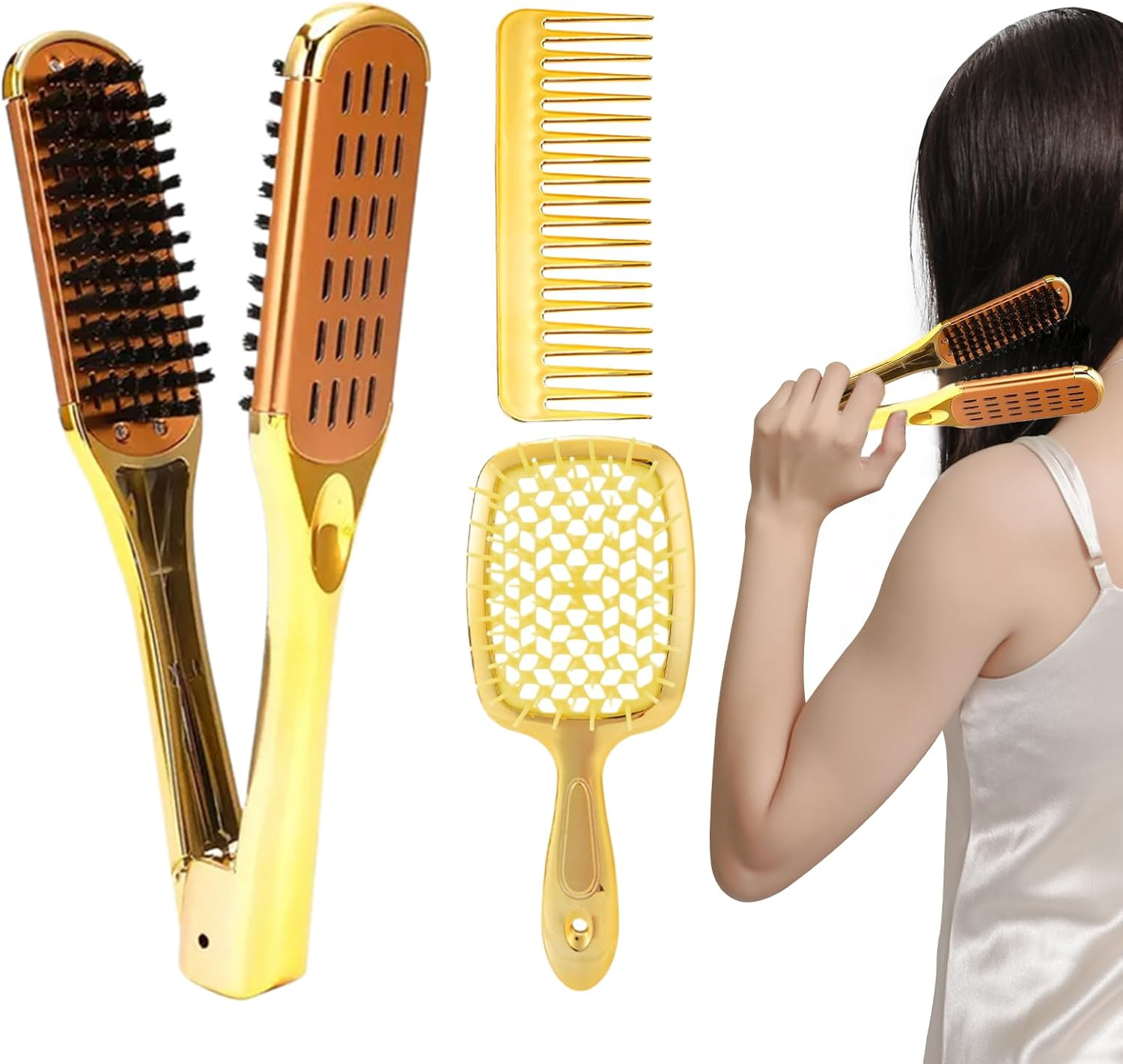 Clamp Brush for Straightening Hair, Double Sided Styling Comb Set, Beauty Makeup Straightening Brush Stylist Tool for Wet Dry Use