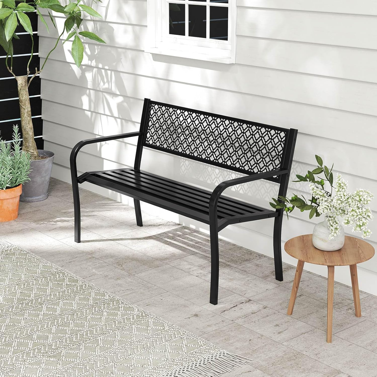 Costway 127 Cm Outdoor Garden Bench, Metal Patio Bench with Geometric Lattice Backrest, Armrests and Slatted Seat, Outdoor Loveseat Chair for Porch, Lawn and Yard (Black) image number 4