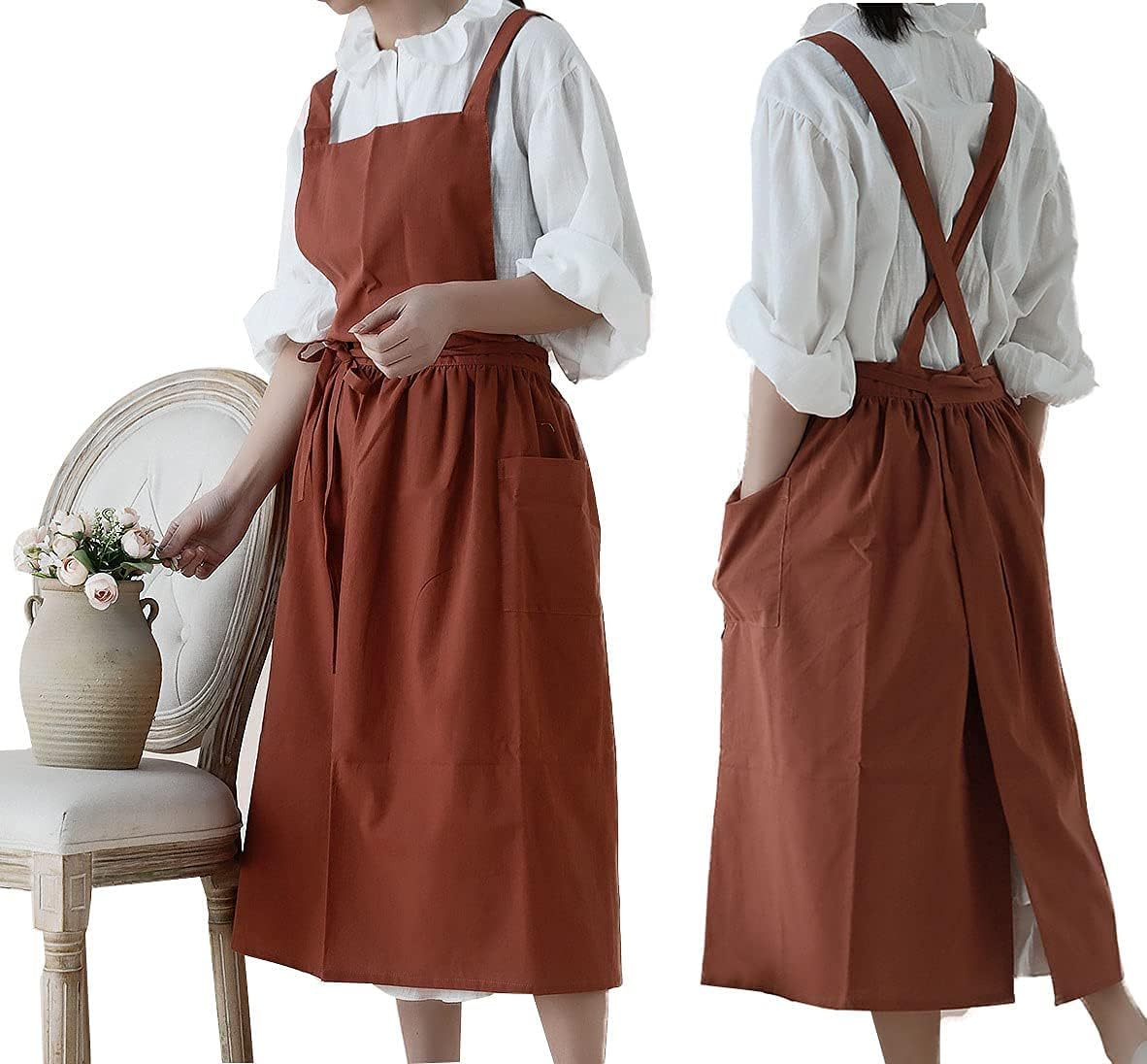 Japanese Cotton Linen Apron Adjustable for Women with Pockets, Fashion Pinafore Dress for Cooking Painting Gardening