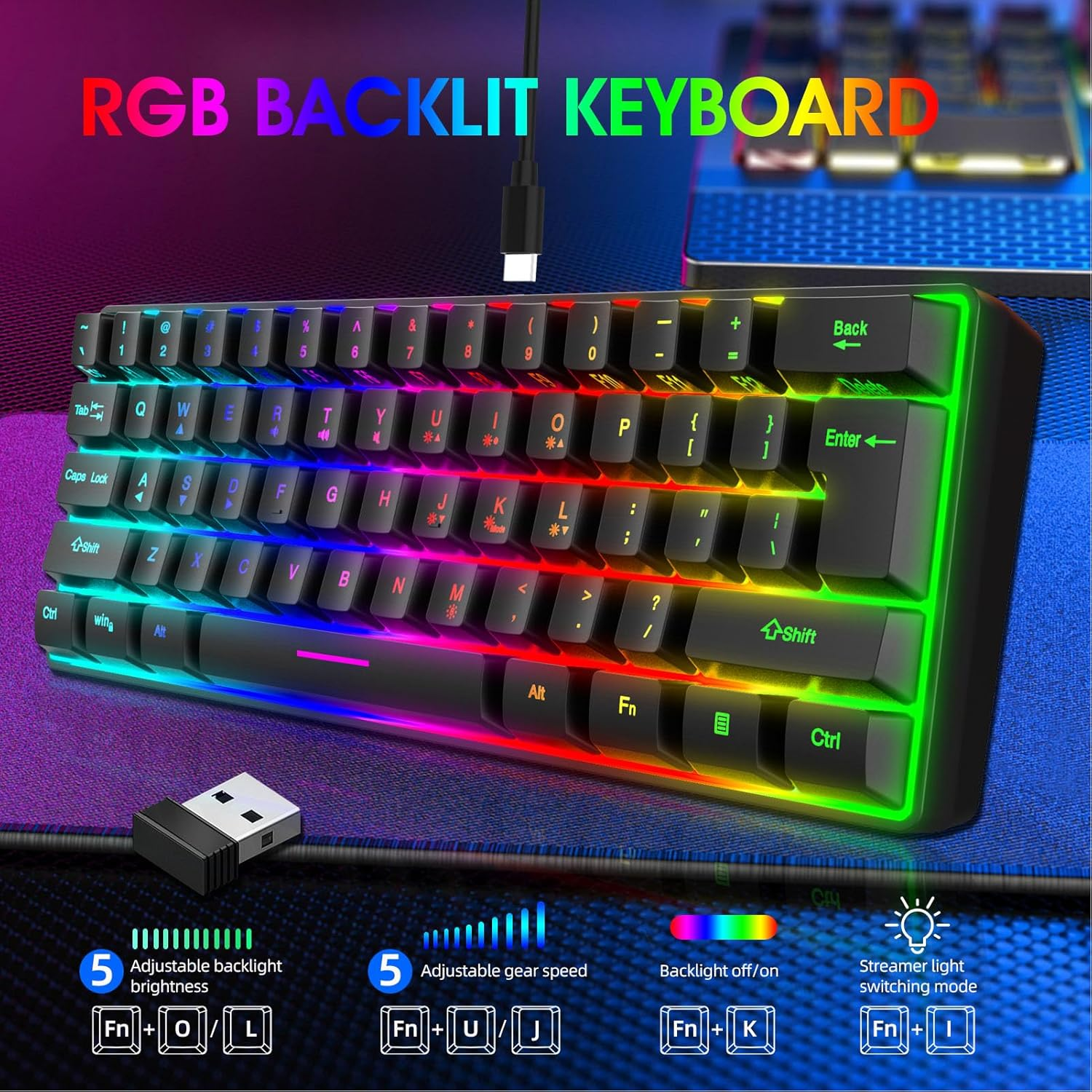 Diyeeni 61 Keys Wireless Gaming Keyboard, 2.4Ghz Wireles Computer Keyboard, 60% Compact Layout Rechargeable Keyboard Supports Sleep Mode for PC Laptop image number 5