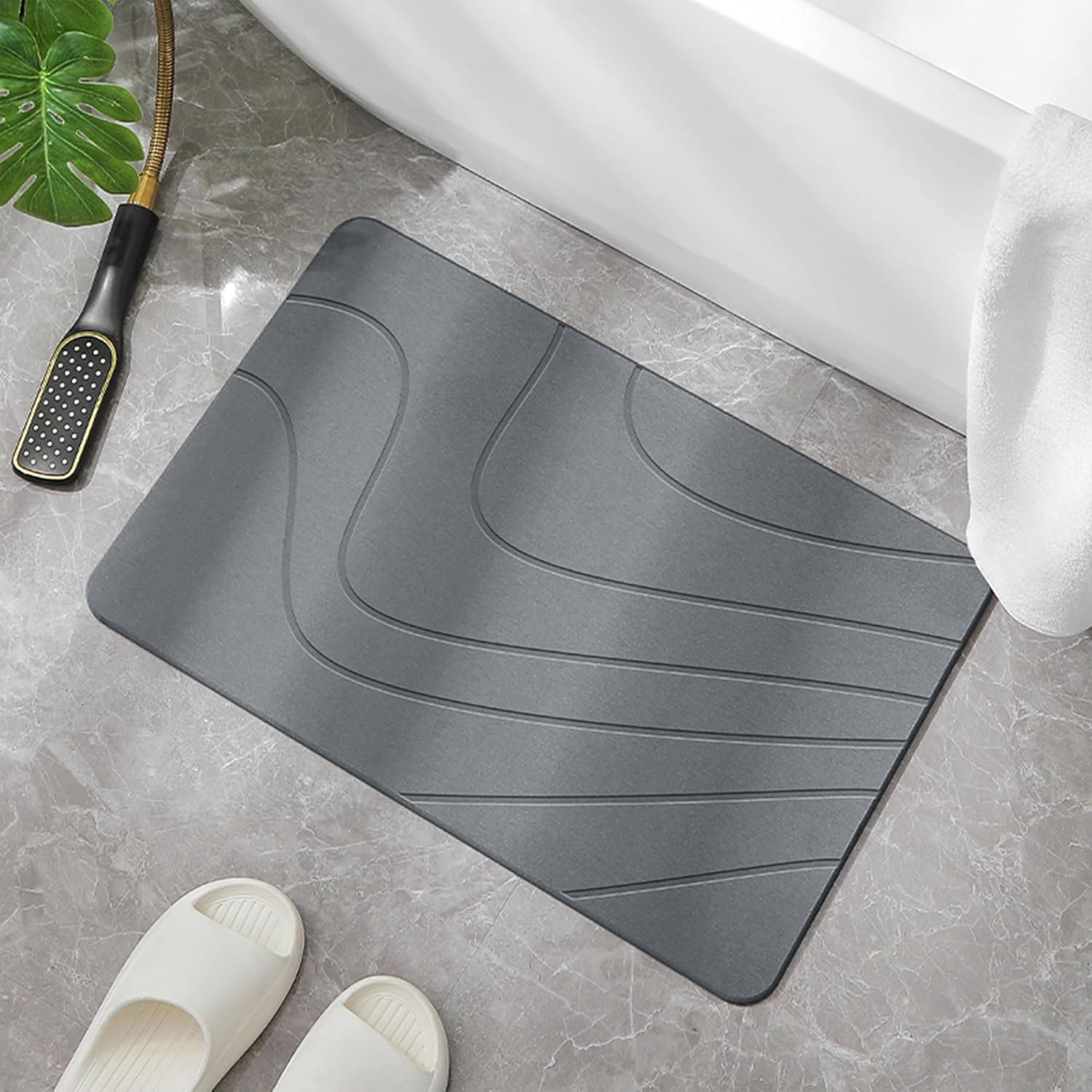 Stone Bath Mat, Diatomaceous Earth Shower Mat,(23.6" X 15.4") Non-Slip Super Absorbent Quick Drying Bathroom Floor Mat, Natural-Elegant & Modern Design, Easy to Clean (Striped Dark Gray) - Round Dark Gray image number 5