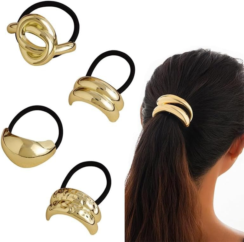 Metal Geometric Elastic Hair Tie,4Pc Metal Geometric Elastic Hair Tie,Metal Hair Tie Ponytail Hair Cuff,Gold Hair Tie Metal Geometric Hair Cuff,Geometric Elastic Ponytail Hair Cuff,Metal Cuff Hair Tie image number 1