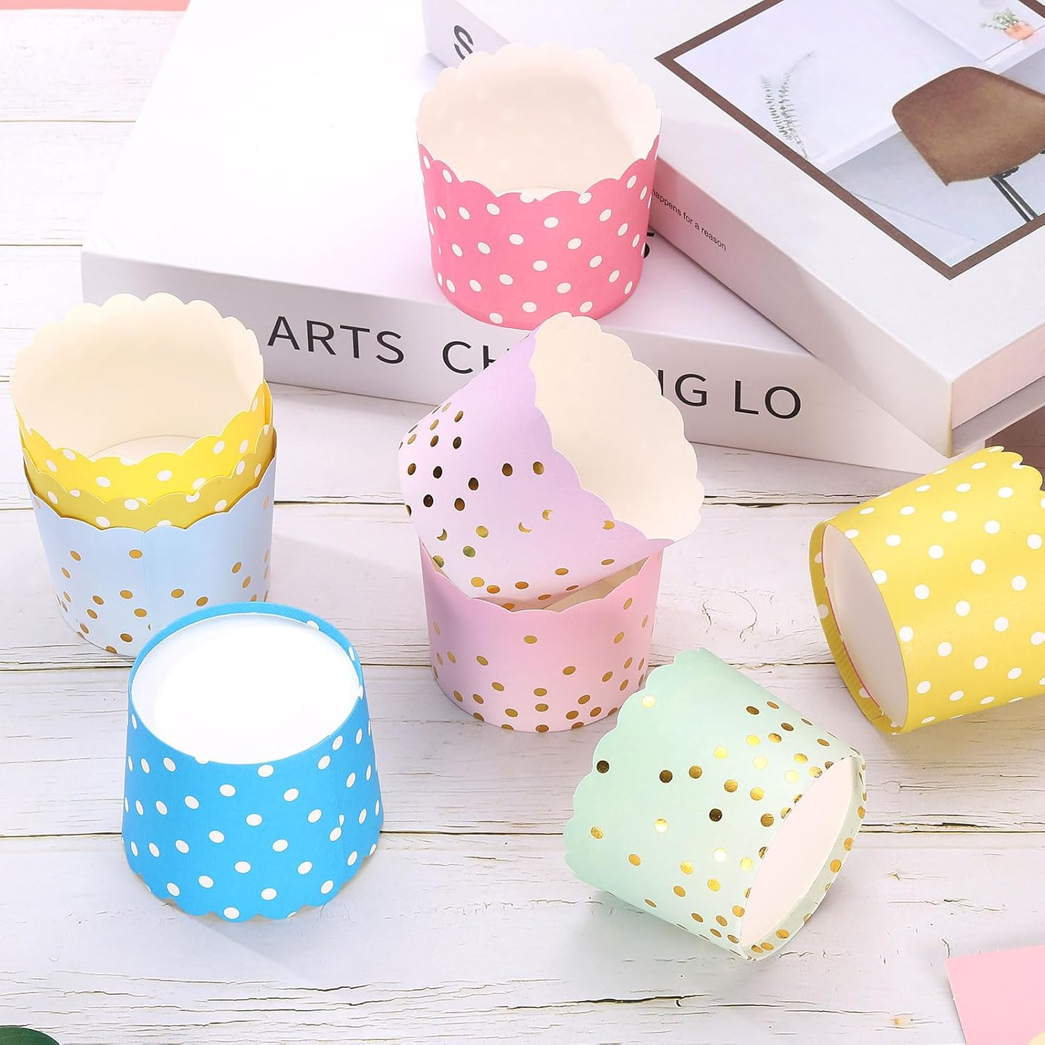 HARFINGTON 150Pcs Paper Baking Cups 6Oz Greaseproof Disposable Bulk Cupcake Muffins Liners Cases Wrappers for Wedding Birthday Graduation, Dot Yellow