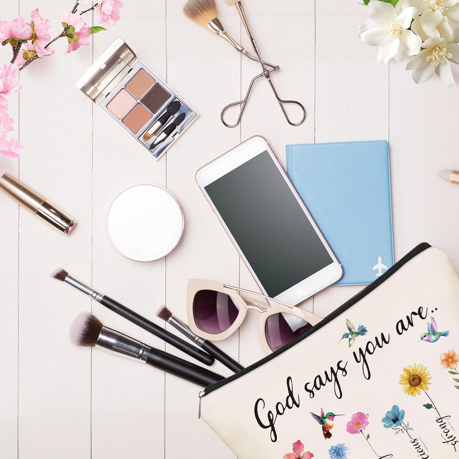 Bible Cosmetic Bag Small Christian Make up Bag God Says You Are, Cosmetic Bags Encouragement Travel Toiletry Bag with Flower, Makeup Bag for Women Bible Verses image number 3