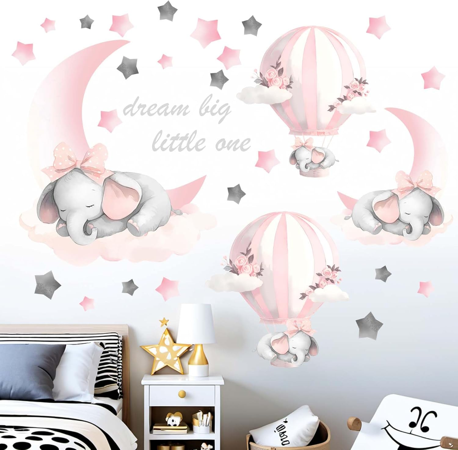 Elephant Balloon Wall Stickers for Nursery: Baby Kids Girls Boys Bedroom Wall Decals - Pink Hot Air Balloon Moon Stars Dream Big Little One image number 2