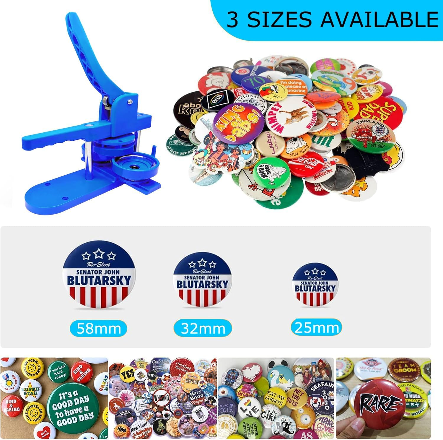 Button Maker Machine, Badge Making Machine Multiple Sizes 25-32-58Mm, 500 Buttons,15 Bottle Openers,15 Fridge Magnets,15 Keychain Buttons, 500+ Free Designs,3 Circle Cutters (Blue) image number 3
