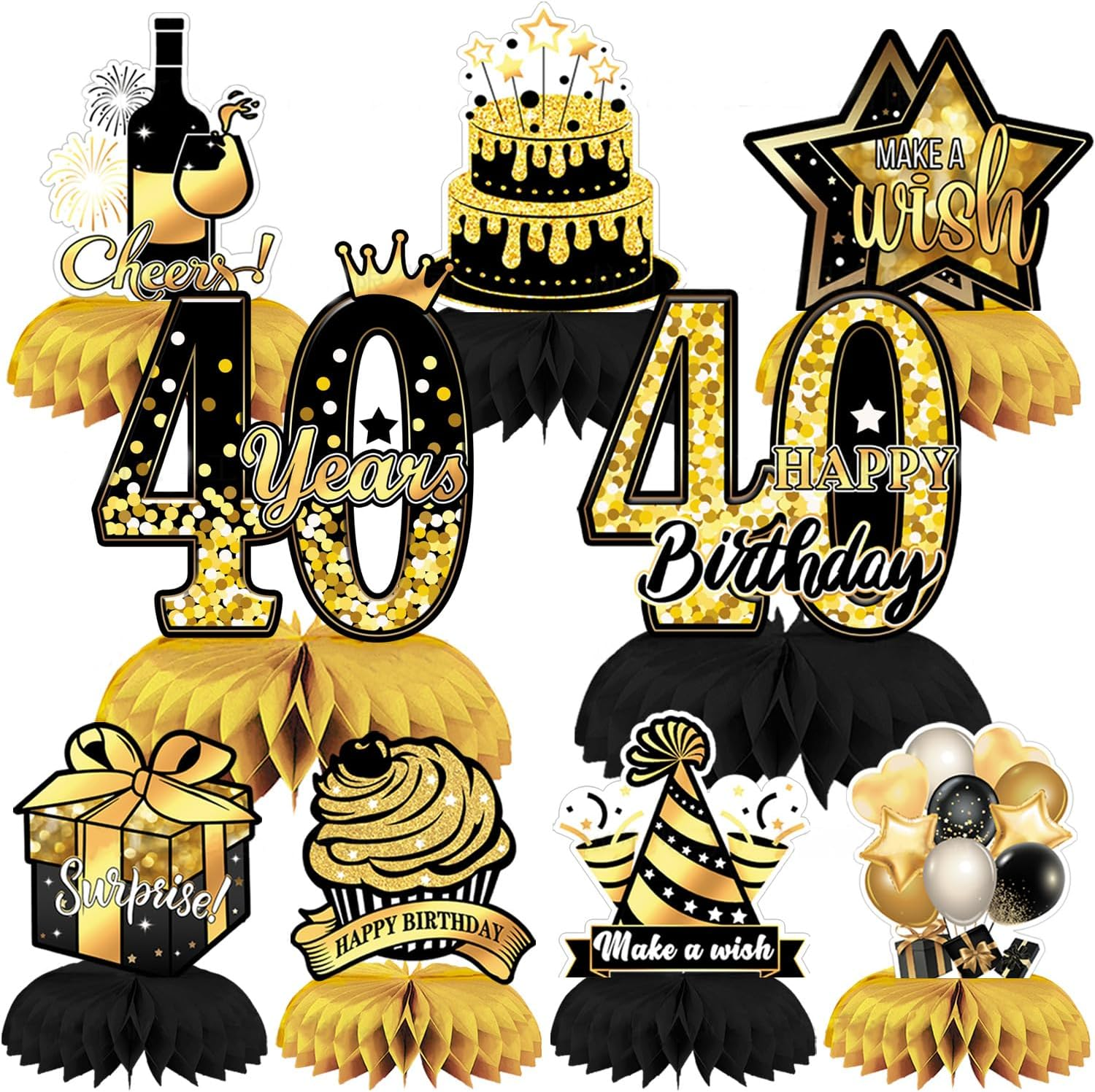 Shalve 40Th Birthday Party Decorations Honeycomb Centerpieces Table 18Pcs Decorations Supplies Vintage for Men Gold Topper Cheers Back Decor image number 4
