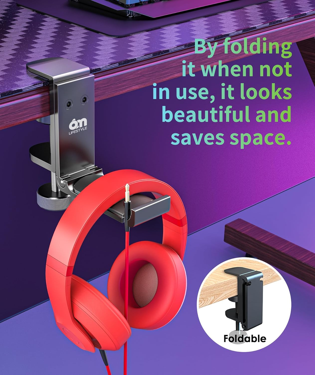 6Amlifestyle [2022 Newest Version] Foldable Headphone Stand Hanger under Desk Clamp with Cable Organizer save Space Metal Headphone Headset Holder for Universal Headphones PS4 PC Headsets, 6A-1203BK image number 6