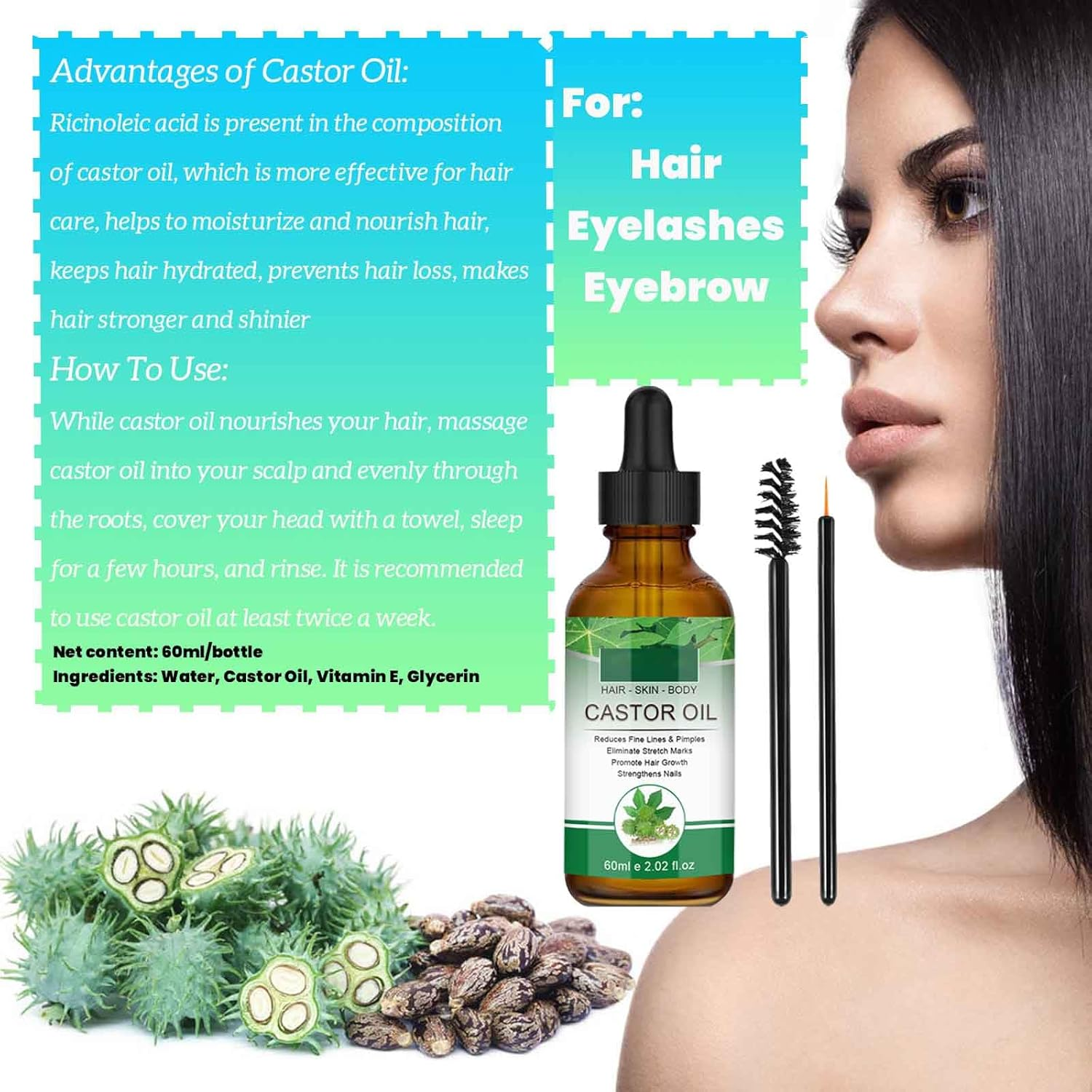 2023 New Castor Oil, 60Ml Hair Treatment Oil for Eyelashes, Eyebrows Growth, Anti-Fall Hair Care, Moisturizing, Repairing, Thick Hairline, Strong and Firm Hair Essential Oil &hellip;/100 image number 4