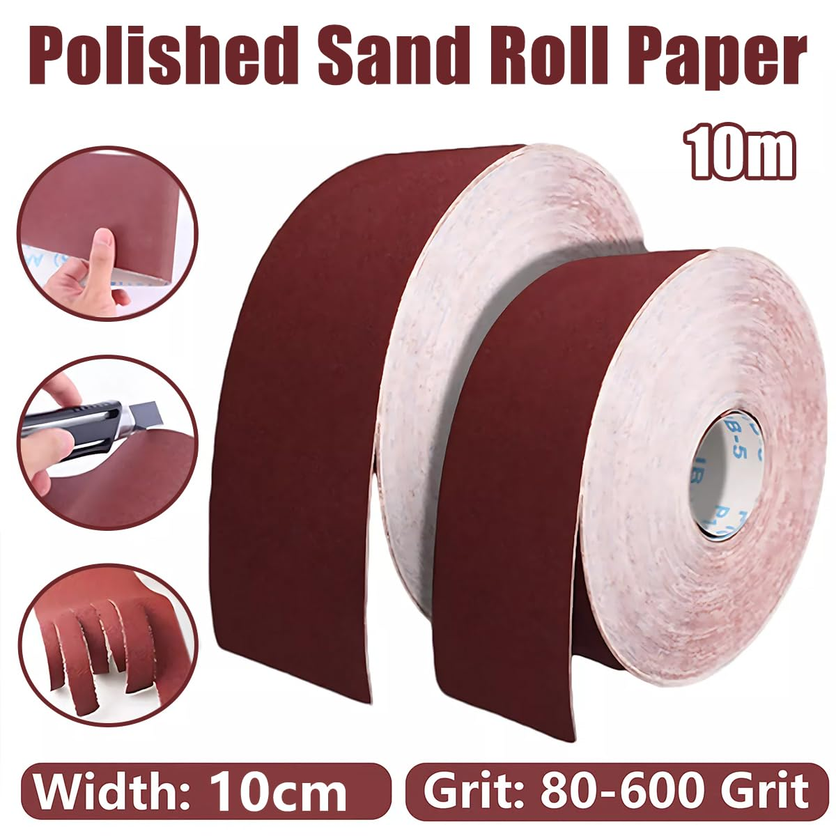AIMALL 10CM Wide Sandpaper Roll &ndash; 10M Brown Corundum Emery Cloth for Woodworking, Metal, Wall, Hand Tear Polishing Grit 80-600 Abrasive Gauze Paper