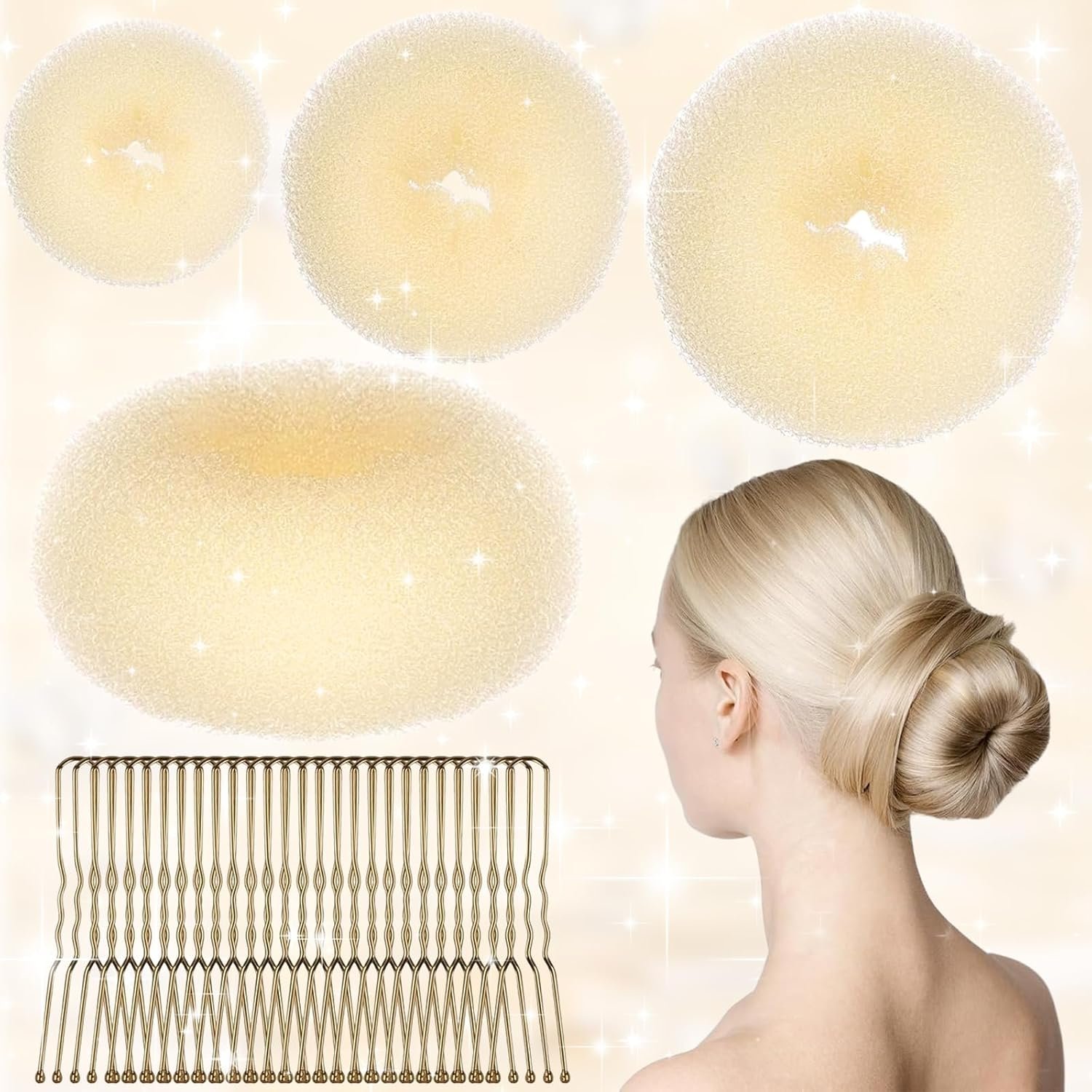 Soundzero 4-Piece Doughnut Hair Bun Set, Doughnut Hair Updo Accessories, Updo Accessories, Hair Doughnut Maker Set, for Hairstyle Dancers, Children, Girls, Women, Comes with 20 Hair Pins (Gold) image number 2