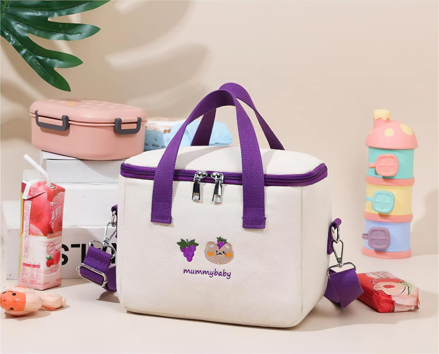 Laureltree Aesthetic Kawaii Cute Lunch Bag Box with Straps Insulated Waterproof Durable for Women Girls Kids Office School (Purple) - Pink image number 4