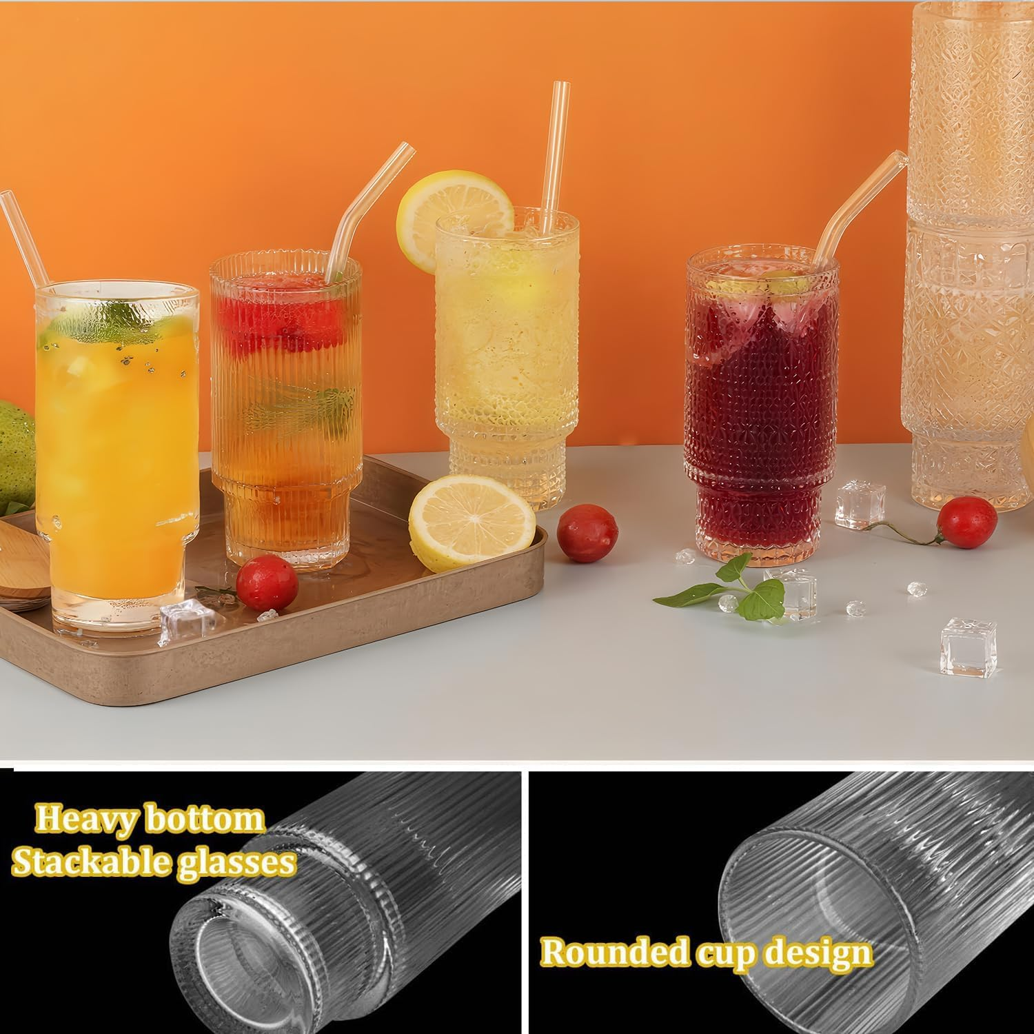 Vintage Drinking Glasses Set of 4, Overnight Oats Containers with Bamboo Lidset and Reusable Straw, 11Oz Iced Coffee Cup Mugs Glassware with Bottle Brush for Iced Americano Cereal Yogurt Milk Beverage image number 5