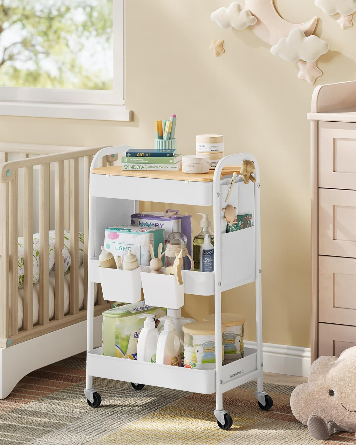 SONGMICS Kitchen Trolley, 3 Metal Mesh Shelves, Serving Trolley, 2 Removable Hanging Containers, 2 Organisers, for Office, Kitchen, Living Room, Bathroom, Cloud White LRC036W01 image number 4