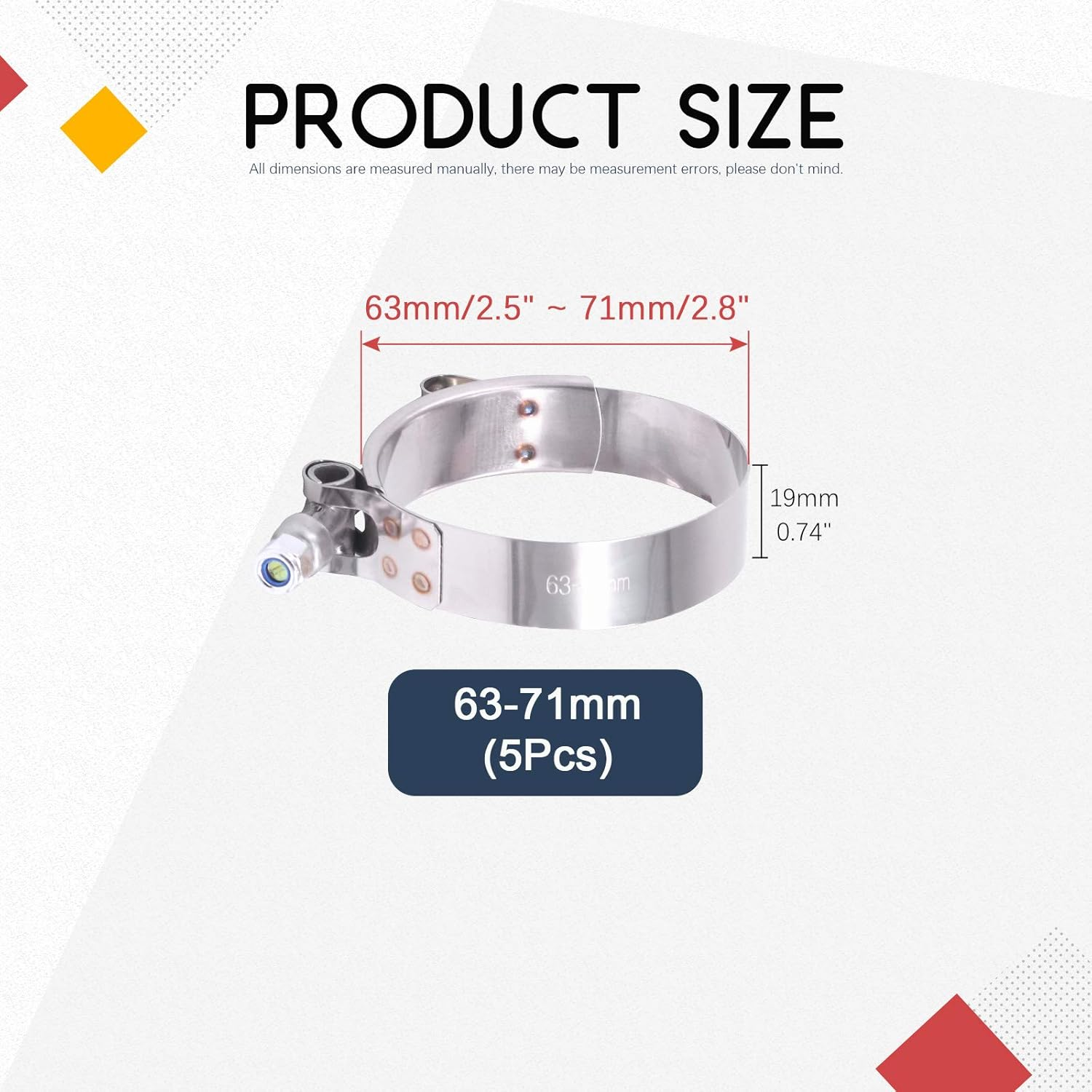 Hilitchi 5Pcs Stainless Steel T-Bolt Clamps with Rounded Band Edges Heavy Duty Turbo Intake Intercooler Clamp (63-71MM) for 2 1/4 Inch image number 5