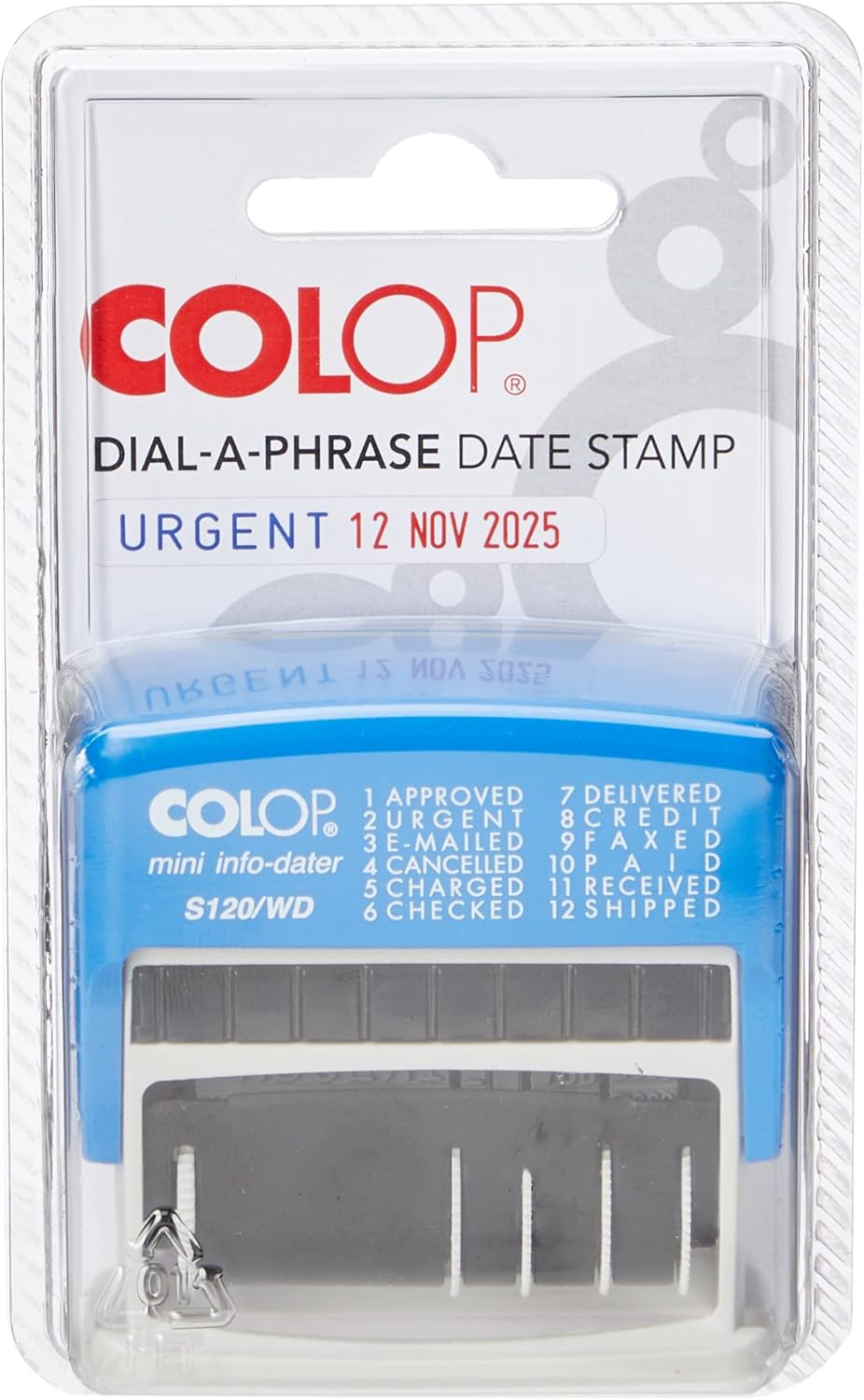 Colop S120/WD Dial-A-Phrase-Dater Stamp Self-Inking 12 Phrases Imprint 43X4Mm Red/Blue Ref 14531000 image number 6