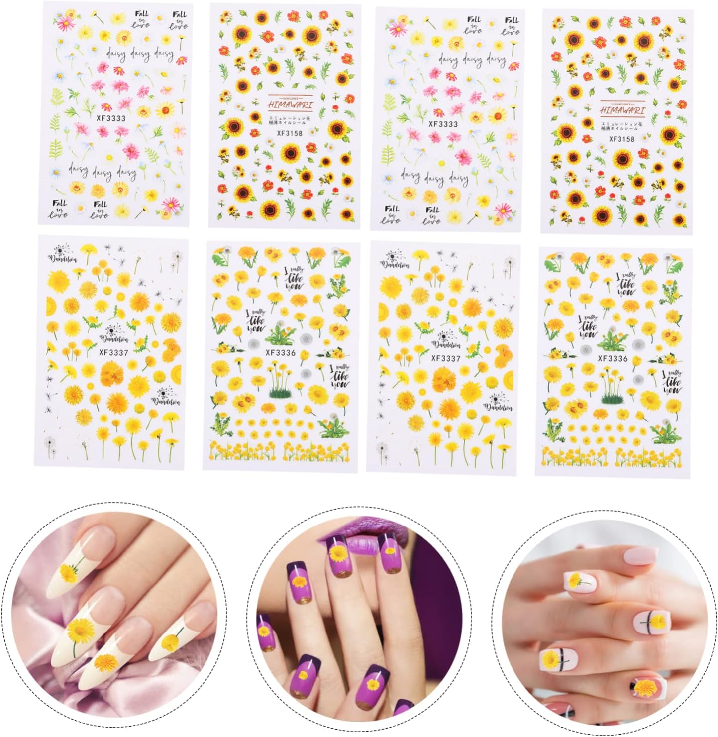 PAMINGONO 8Sheets DIY Sunflower Nail Art Stickers for Women Girls Nail Decals Decor image number 5