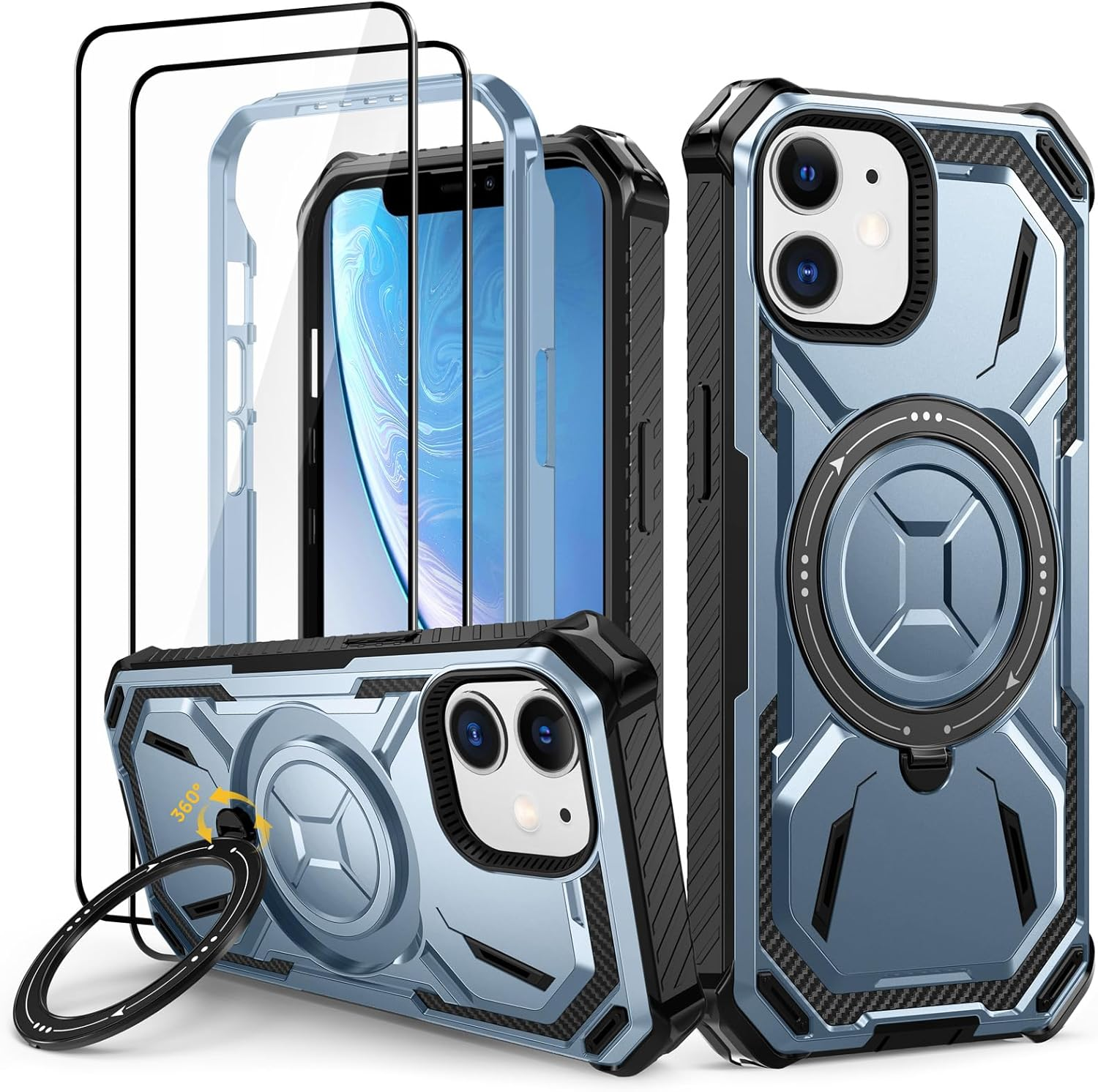 Lanhiem Mobile Phone Case for Iphone 11 Pro Case with 2 Pieces Tempered Glass and 360&deg; Ring Stand, Military Shockproof Protective Case for Iphone 11 Pro Case, Green