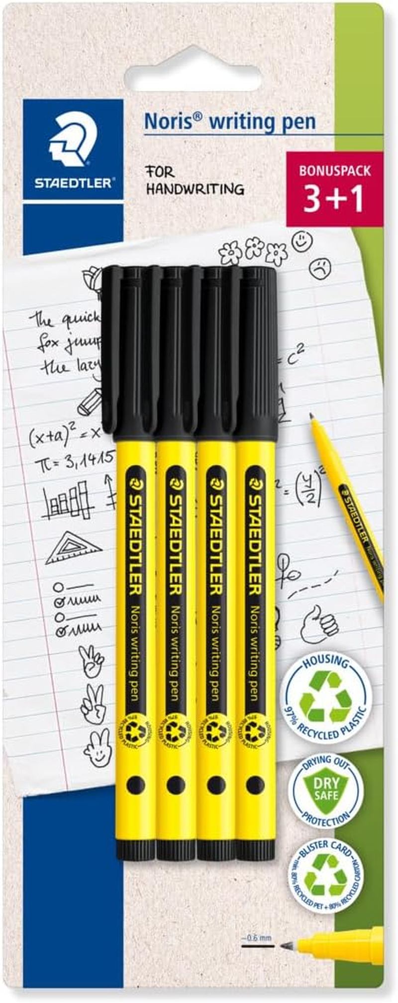 STAEDTLER Noris Writing Pen 307 Fineliner, Housing Made from 97% Recycled Plastic According to ISO 14021, Box of 6 Fineliners in Assorted Colours, 307 SB6