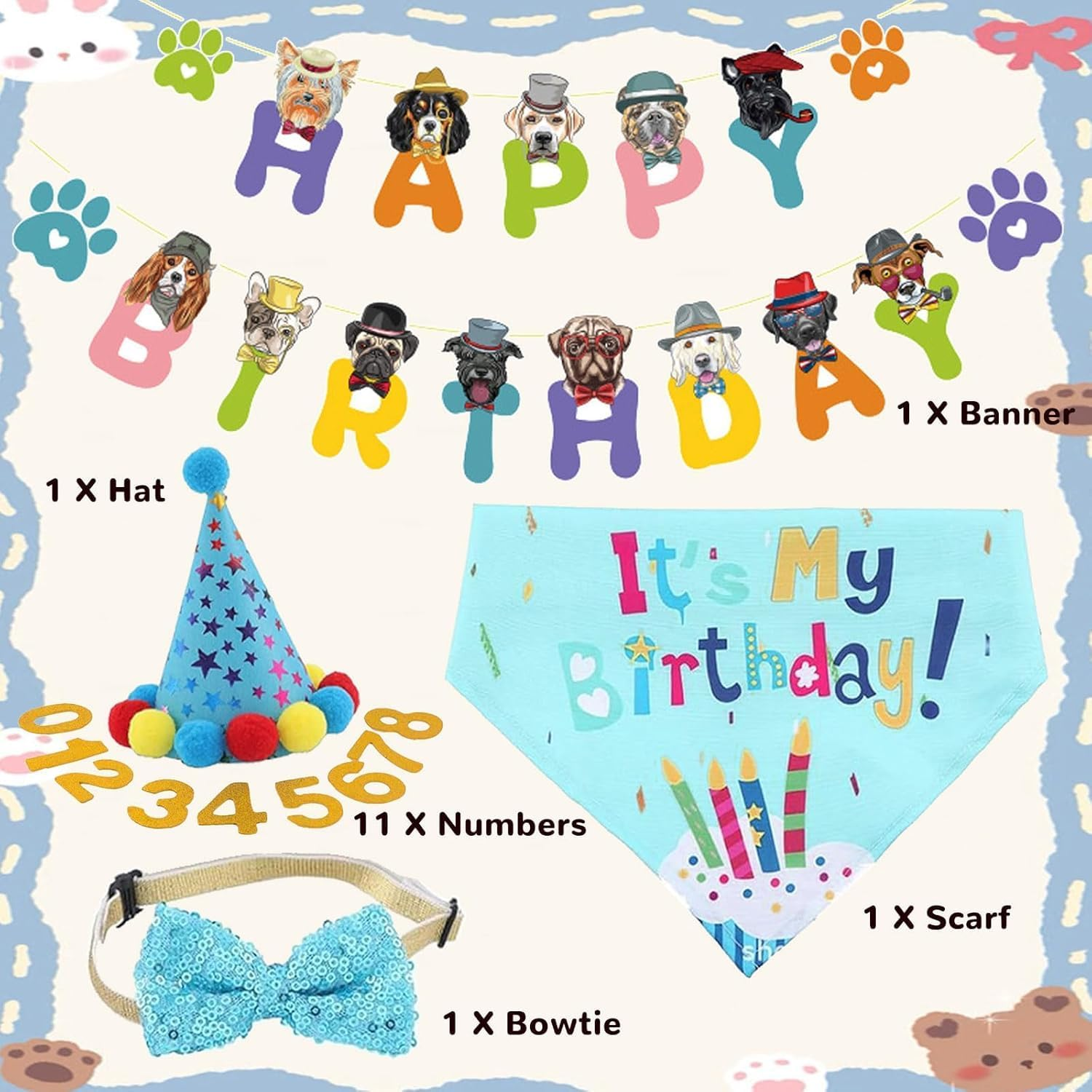 Dog Birthday Hat Bandana Party Decorations, Reusable Dog First Birthday Supplies with Banner Bowtie Numbers Crown, Cute 1St Large Puppy Girl Happy Birthday Outfit Shirt, One Size for Dogs Pet (Blue) image number 1