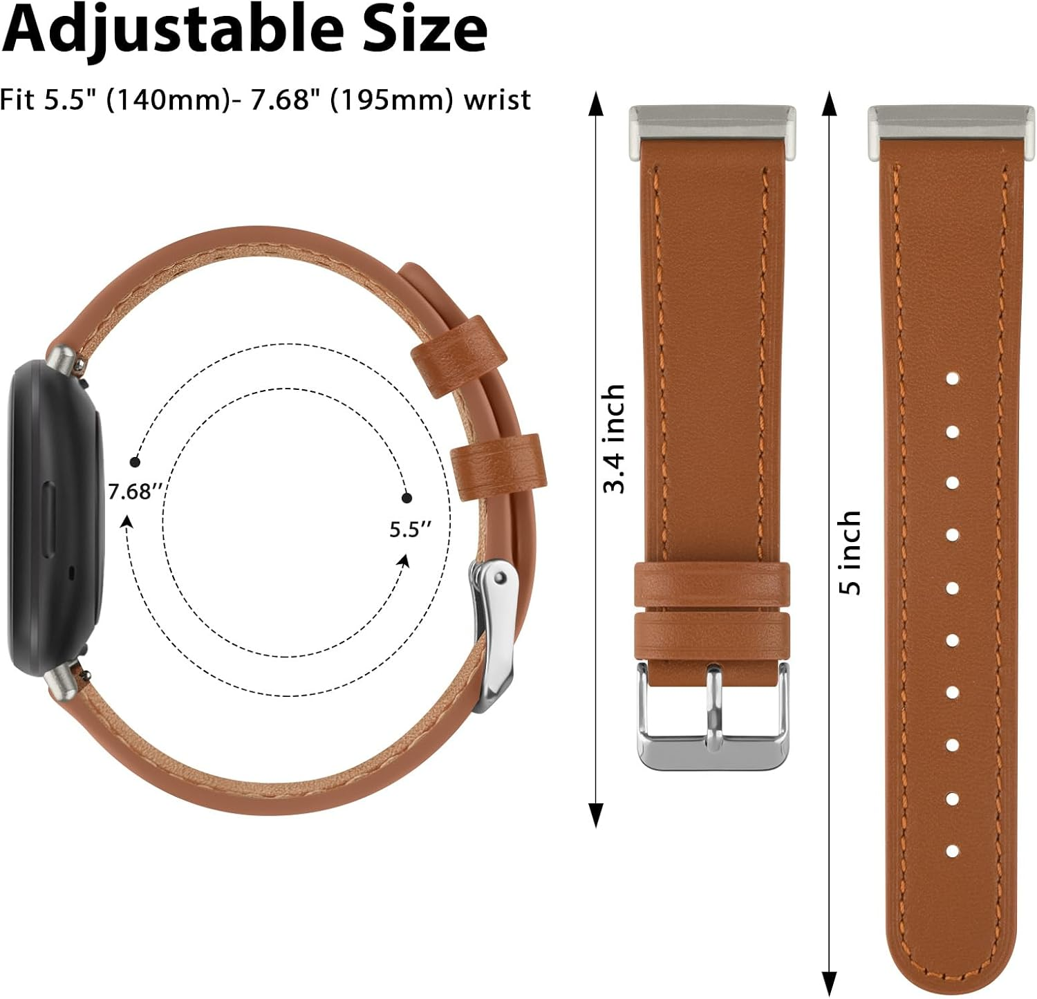 Leather Strap for Fitbit Versa 4 Band&Sense 2 Band, for Men Women, Soft Adjustable Sport Leather Replacement Straps for Fitbit Versa 4/3 / Sense 1/2