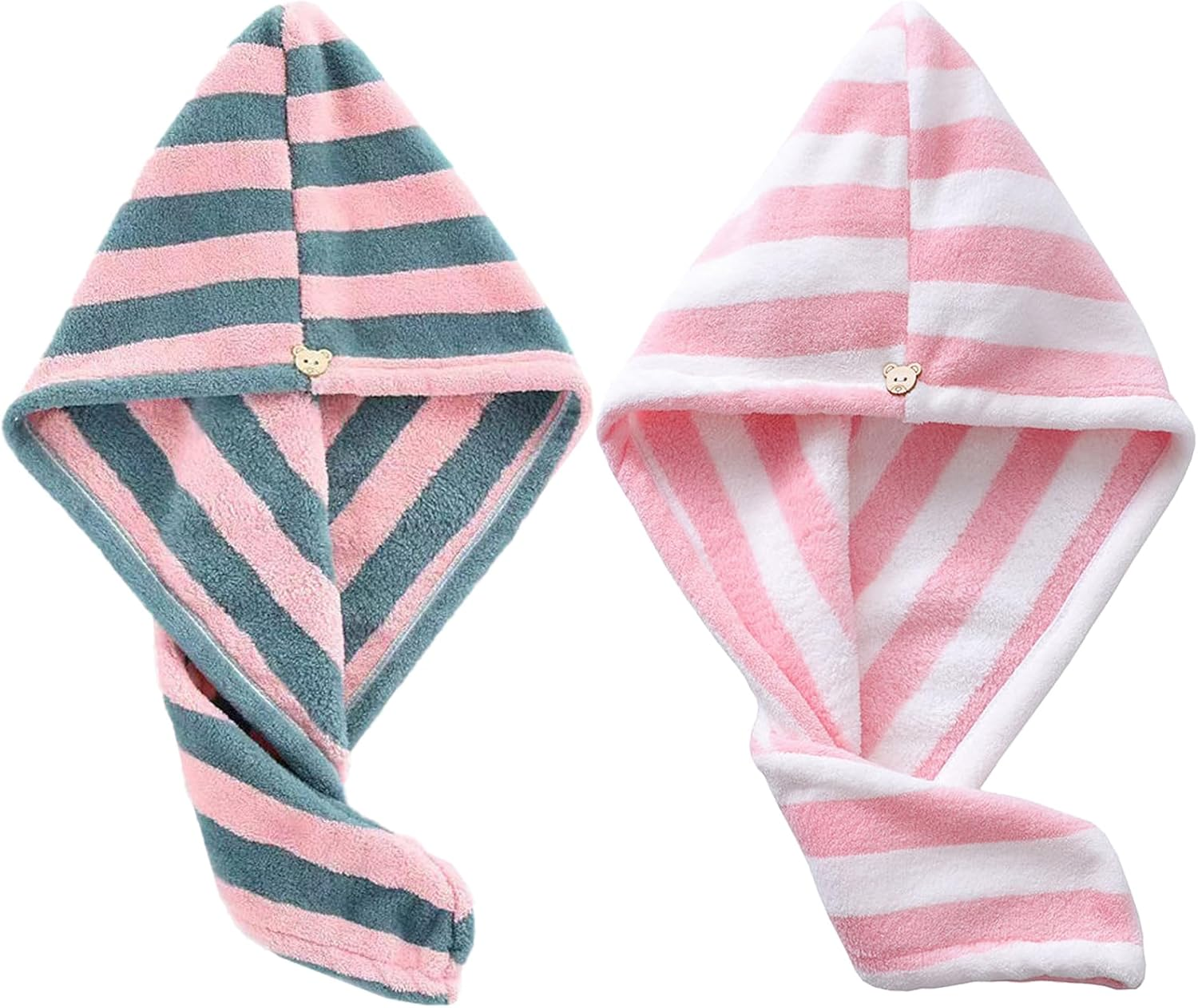 Hzqzaoan 2Pcs Fast Dry Microfibre Hair Towel - Hair Towel Wrap for Women | Super Absorbent Microfiber Towel with Button for Quick Drying & Gentle Hair Care (Pink+White/Pink+Lavender Stripes)