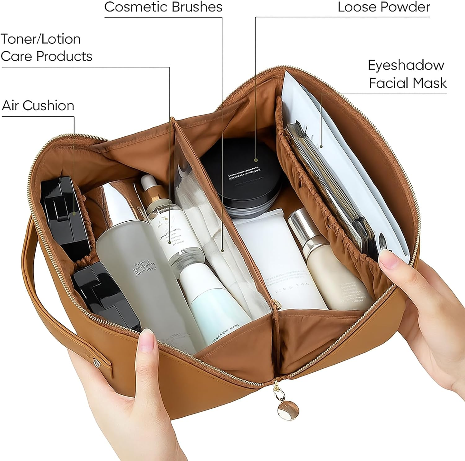 SYGELER Premium PU Travel Cosmetic Organizer - Waterproof Large Capacity Makeup Bag for Women, Portable Toiletry Storage with 5 Compartments, Vacation Essentials (Brown) image number 2