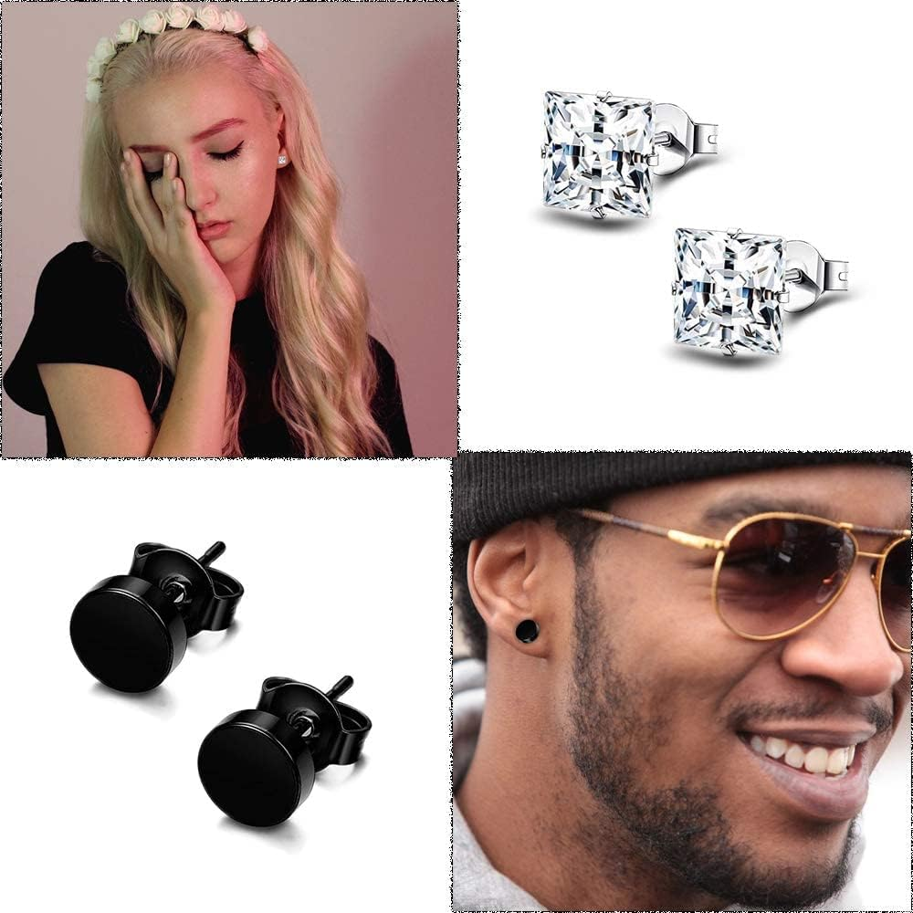 12 Pairs Black Earrings for Men, Stainless Steel Earrings Hoop Earrings Set for Unisex, Barbell Earrings, Diamond Earrings, Stainless Steel Earrings Boys Girls Jewelry Set Gift image number 1