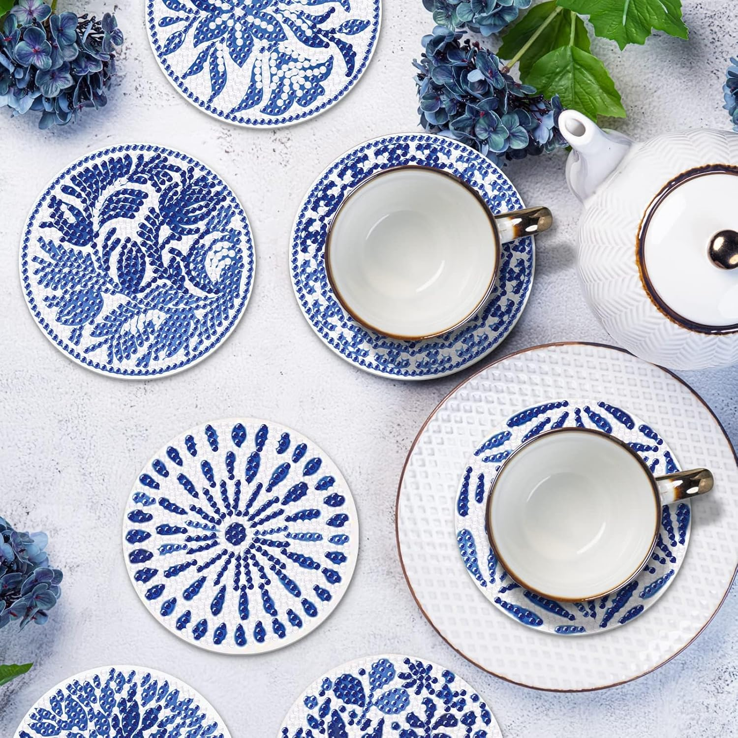 8 PCS Diamond Painting Coasters Kit with Holder - Blue Watercolor Indigo DIY Art Coasters for Beginners, Adults, Kids - Crafts Supplies image number 1