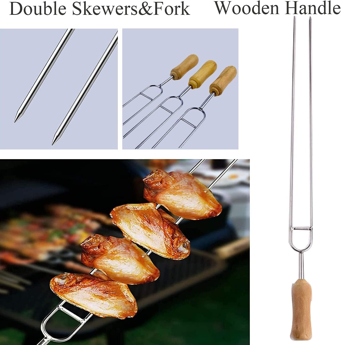 U Shape Stainless Steel BBQ Skewers, Kabob Skewer with Wood Handle Roast Needle Sticks, Double Prong Skewers-U-Shaped Barbecue Needle Chicken Wing Fork for BBQ Cookware Campfire Grill Cooking image number 1