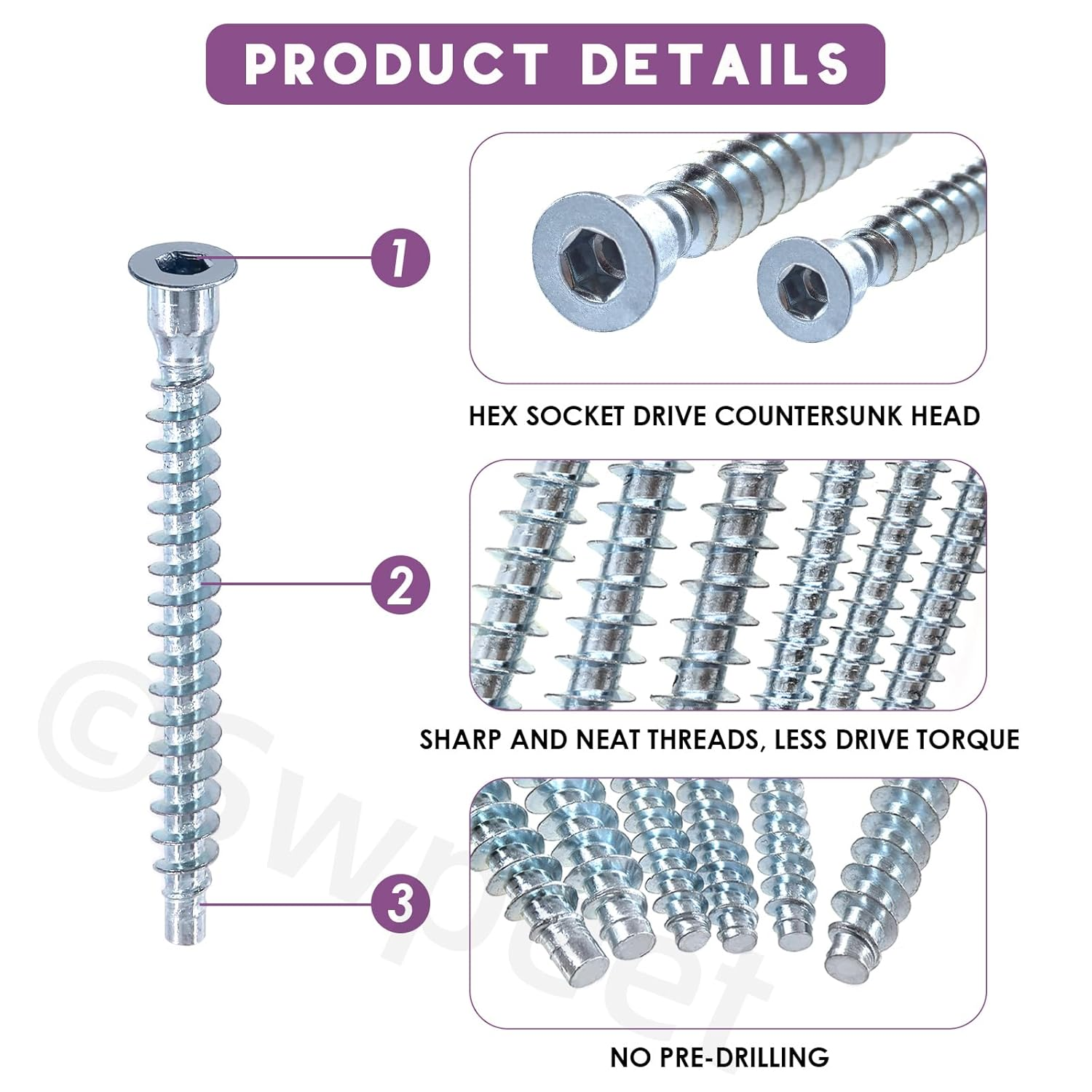 Swpeet 50Pcs M5 X 40Mm Blue-White Zinc Plated Carbon Steel Confirmat Screws Assortment Kit, Hex Socket Drive Countersunk Self-Tapping Furniture Connecting Screw for Assembly and Mounting image number 5