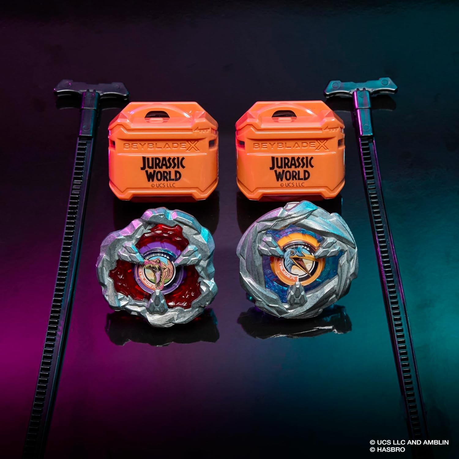 Beyblade X Jurassic World X Beyblade Collab Spinosaurus Vs. Quetzalcoatlus Set, 2 Takara Tomy Tops, 2 Launchers, Battling Tops Game, Ages 8+ image number 1