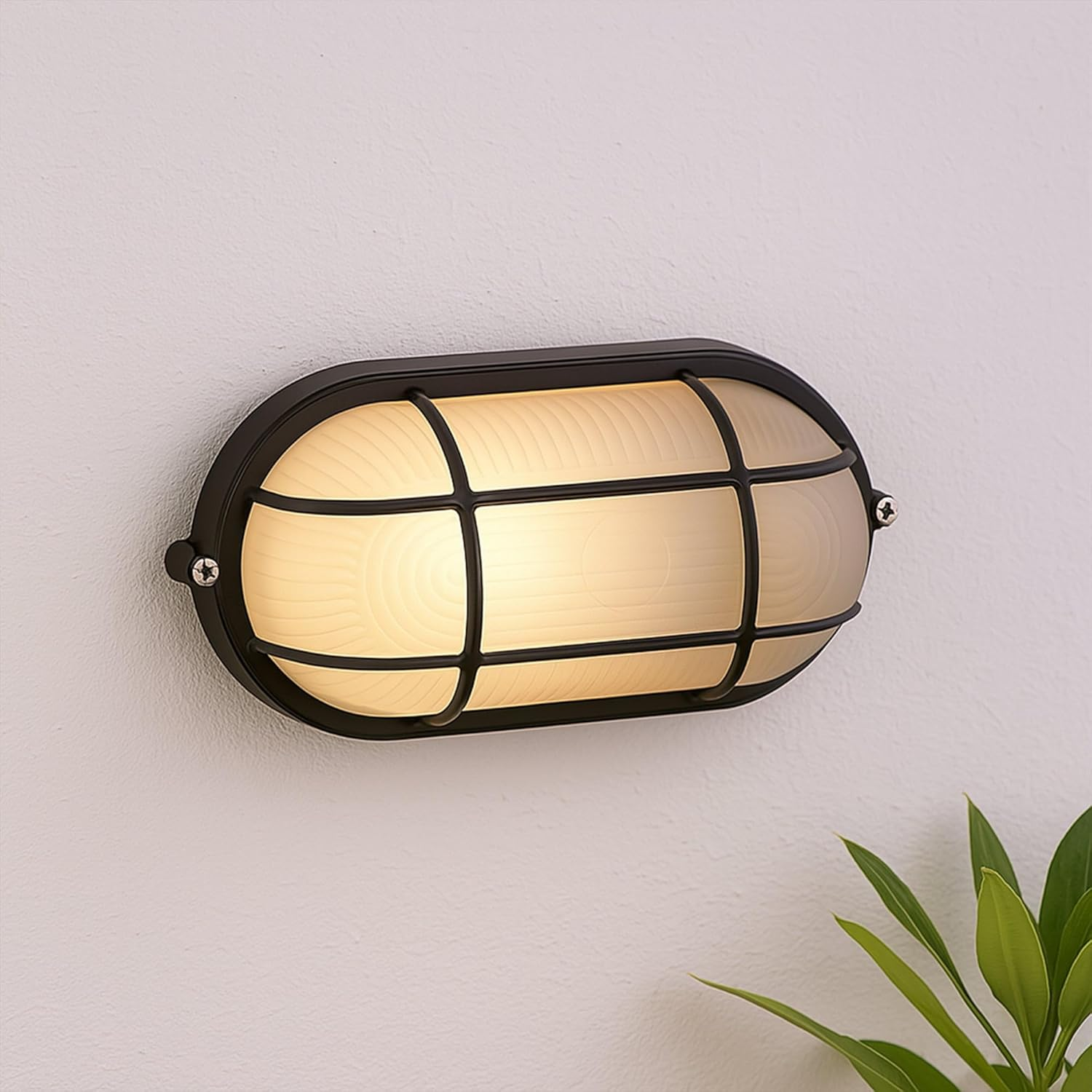 Lexi Lighting Rhelia Oval Caged Outdoor Bunker, Nautical Bulkhead Lighting, Black Aluminum Frame with Frost Glass, IP54 Wall/Ceiling Flush Mount Light Fixture for Porch, Basement, Hallway, Balcony image number 4