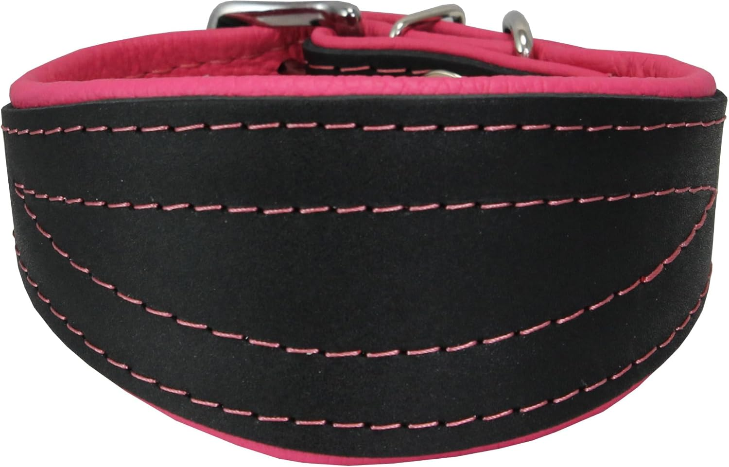 Real Leather Extra Wide Padded Tapered Dog Collar Glossy Black Greyhound Saluki Deerhound Lurcher Whippet Dachshund (14.25"-17" Neck; 2.5" Wide, Pink) image number 4