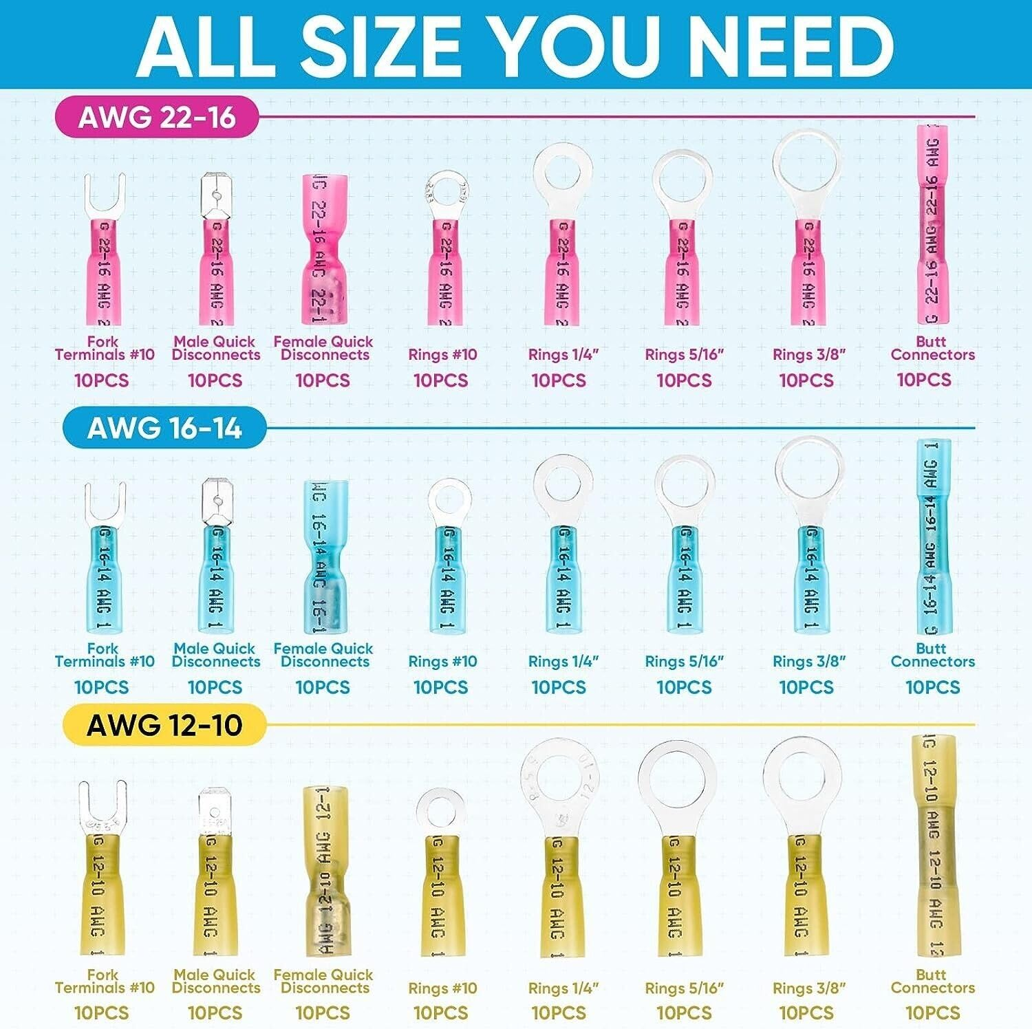 240PCS Heat Shrink Wire Connectors Waterproof Insulated Automotive Marine Electrical Terminals Kit Crimp Assortment Ring Fork Hook Spade Butt Splices image number 3