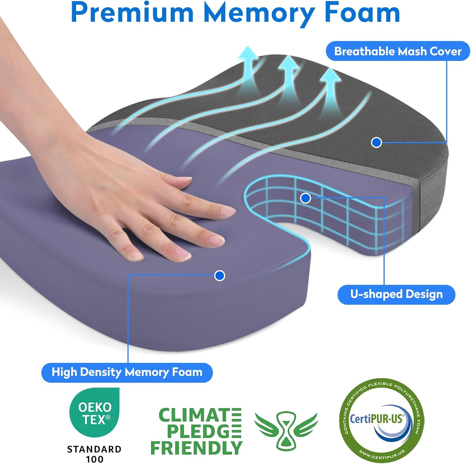 Seat Cushion, Office Chair Cushions, Car Non-Slip Sciatica & Back Coccyx Tailbone Pain Relief Pad, Memory Foam Pillow for Computer Desk, Wheelchair, Driving(Grey) Gray X-Large image number 3