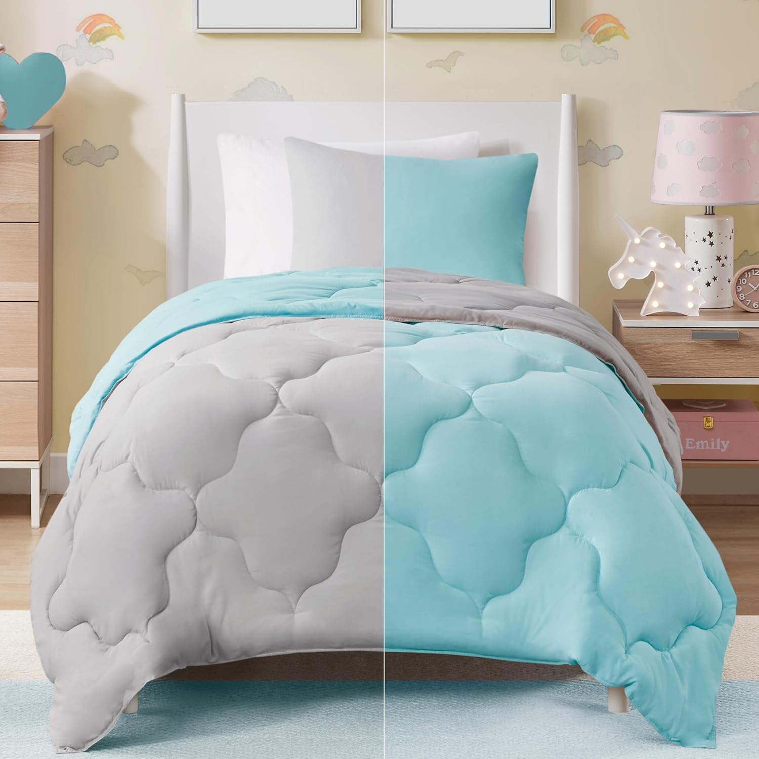 Comfort Spaces Vixie Reversible Comforter Set - Trendy Casual Geometric Quilted Cover, All Season down Alternative Cozy Bedding, Matching Sham, Teal/Charcoal, Full/Queen 3 Piece