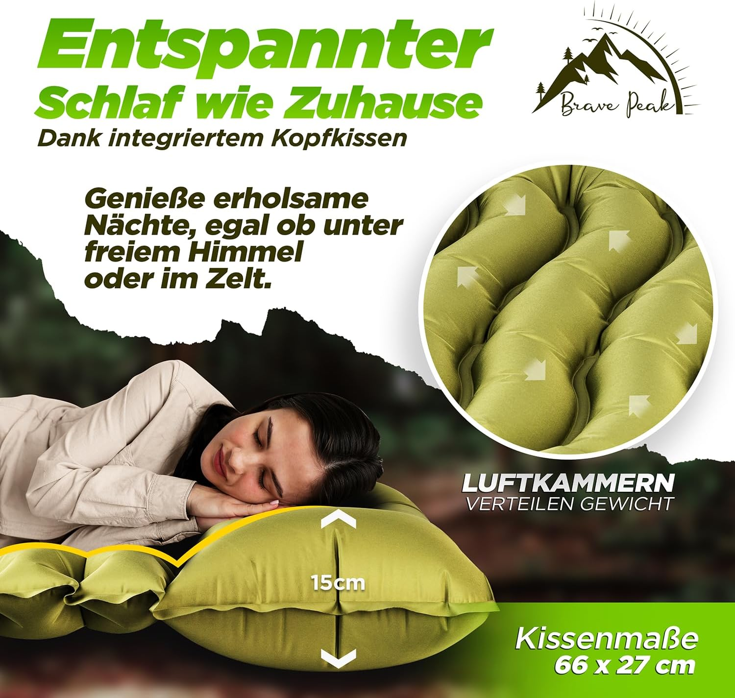 Brave Peak Self-Inflating Sleeping Mat 10 Cm with Cushion - Warm, Lightweight & Compact - for Outdoor, Trekking & Hiking image number 2