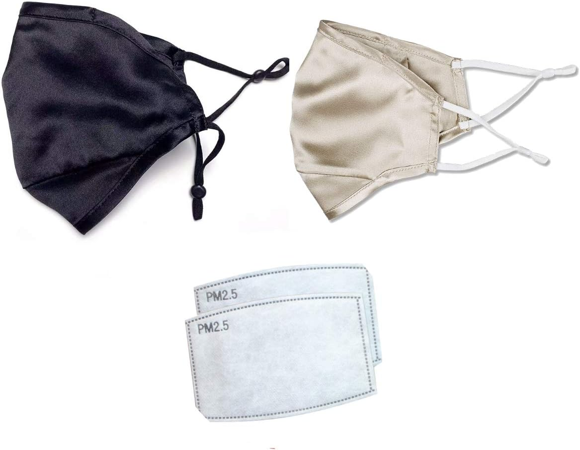 Jeelow 2 Packs 100% Silk Face Mask Cloth Covering Reusable Washable with Nose Wire Filter Pocket Includes Filters