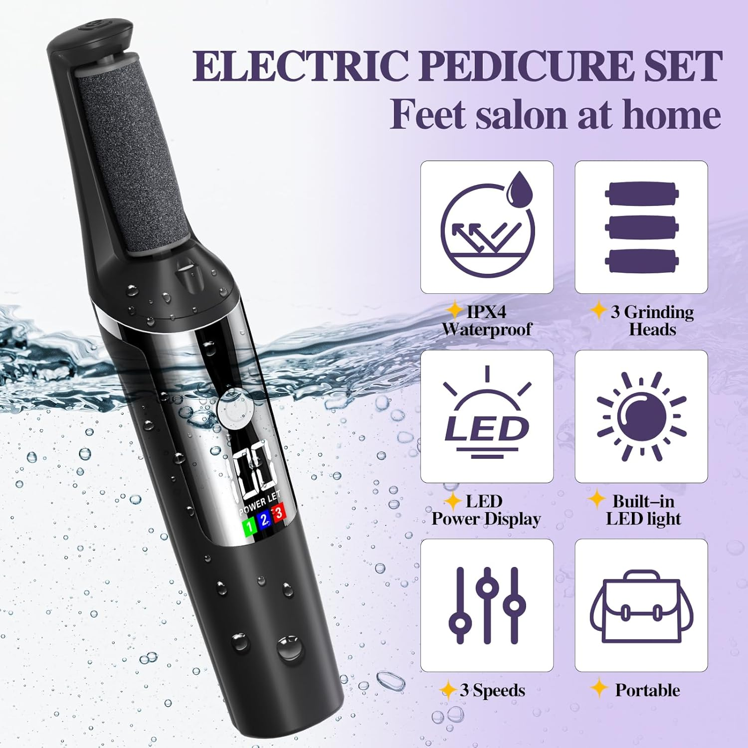 Electric Foot Callus Remover, Smooth Pedicure Wand Feet Rechargeable, Electric Foot File Pedicure Tool with 3 Rollers, 3 Speeds for Dry Cracked Heels, Hard Skin, Calluses, Dead Skin (Black) image number 5