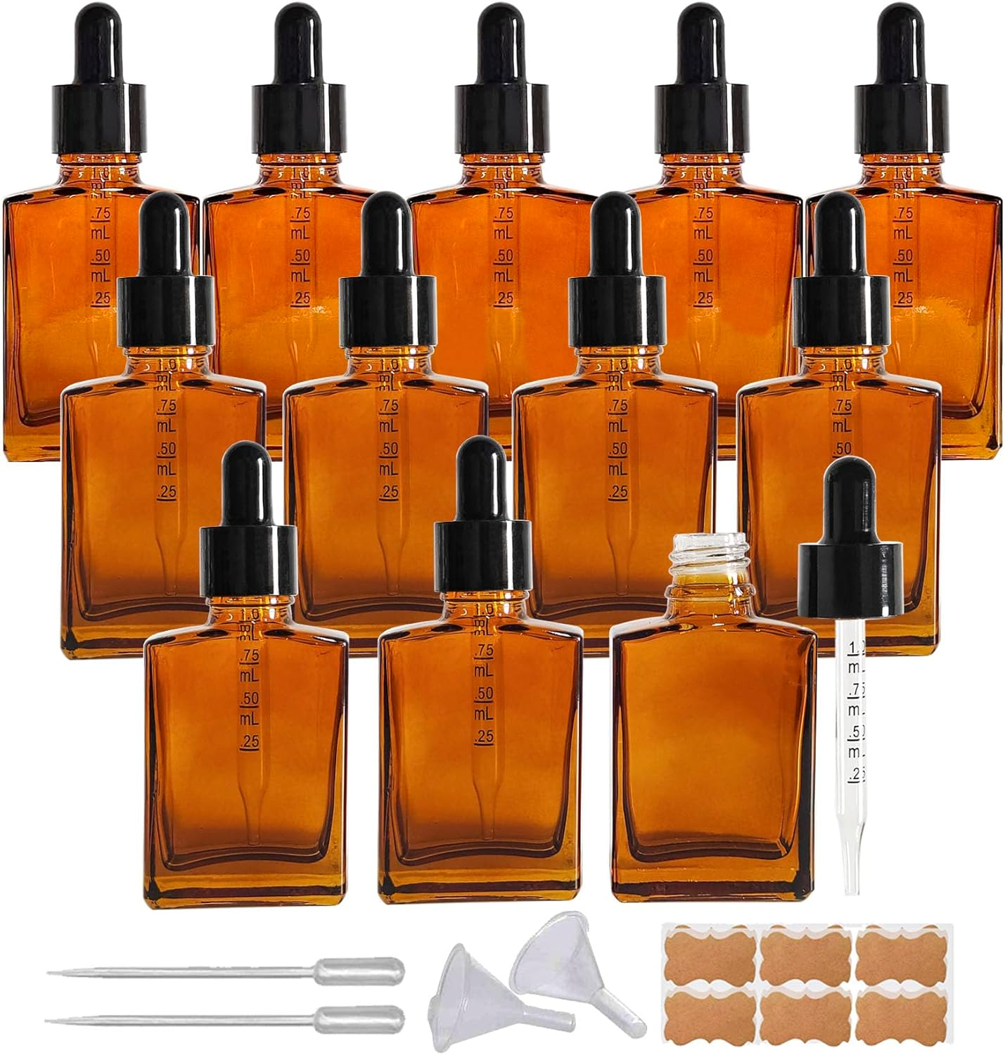 12 Pack 1 Oz Amber Square Glass Dropper Bottle for Essential Oil, Perfume, Serums and Liquids with Eye Droppers image number 5